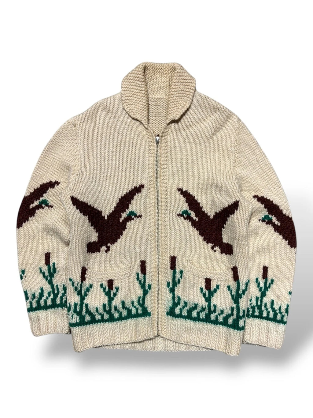 Vintage 1970s Cowichan Hand Knit Sweater - Ducks Graphic - Beige - Large
