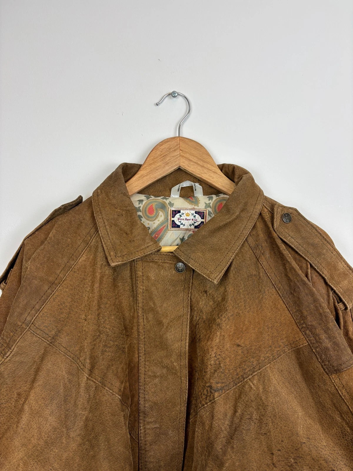 Vintage 1990s Brown Leather Jacket / Size Large / Paris Sport Club Aviator Coat