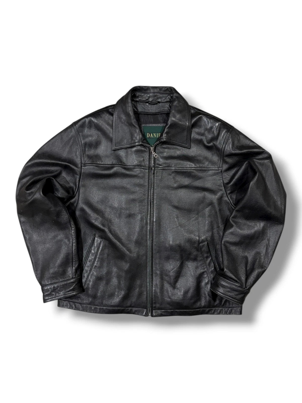 Vintage Black Danier Leather Jacket - Large - Cropped Zip Up Coat