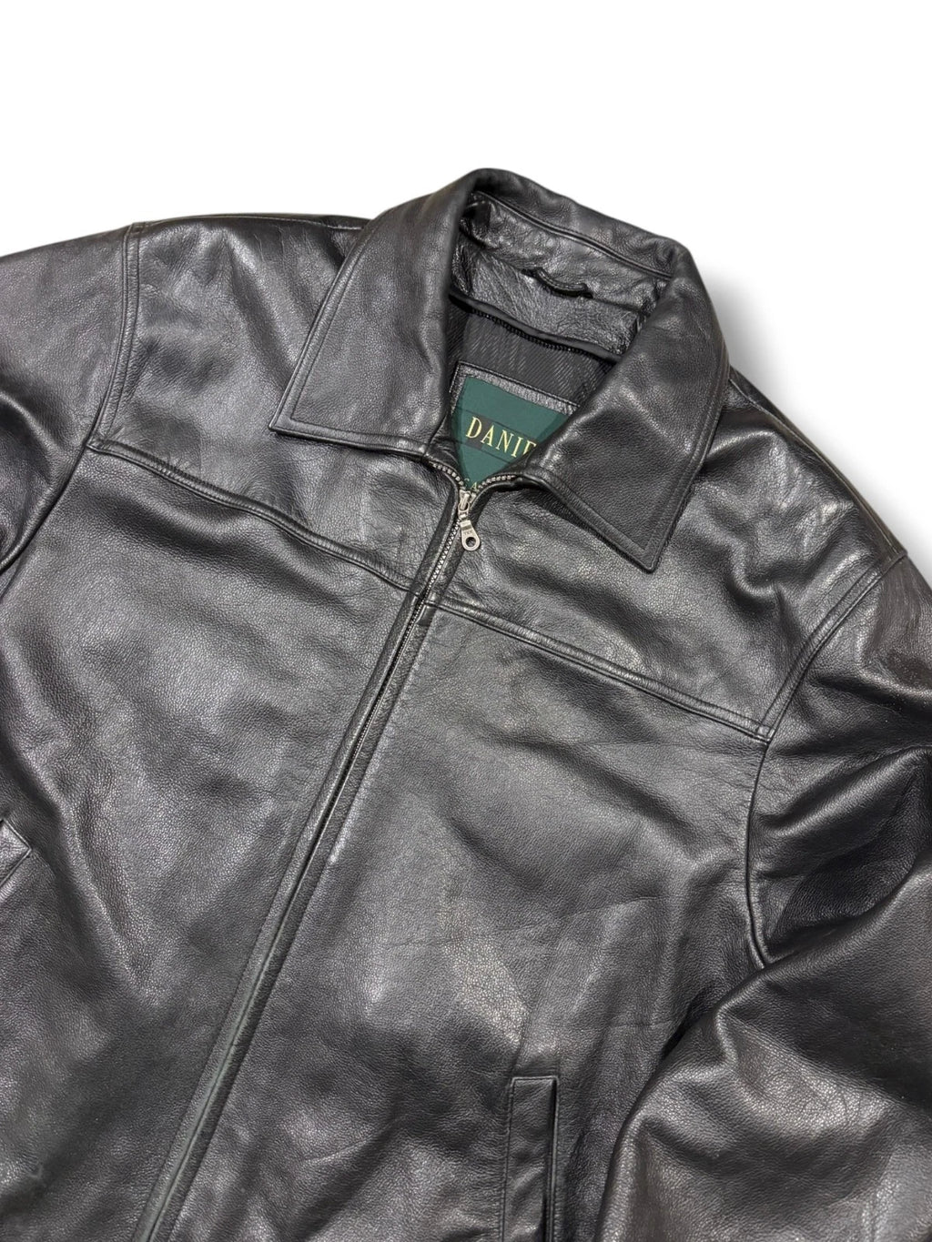 Vintage Black Danier Leather Jacket - Large - Cropped Zip Up Coat
