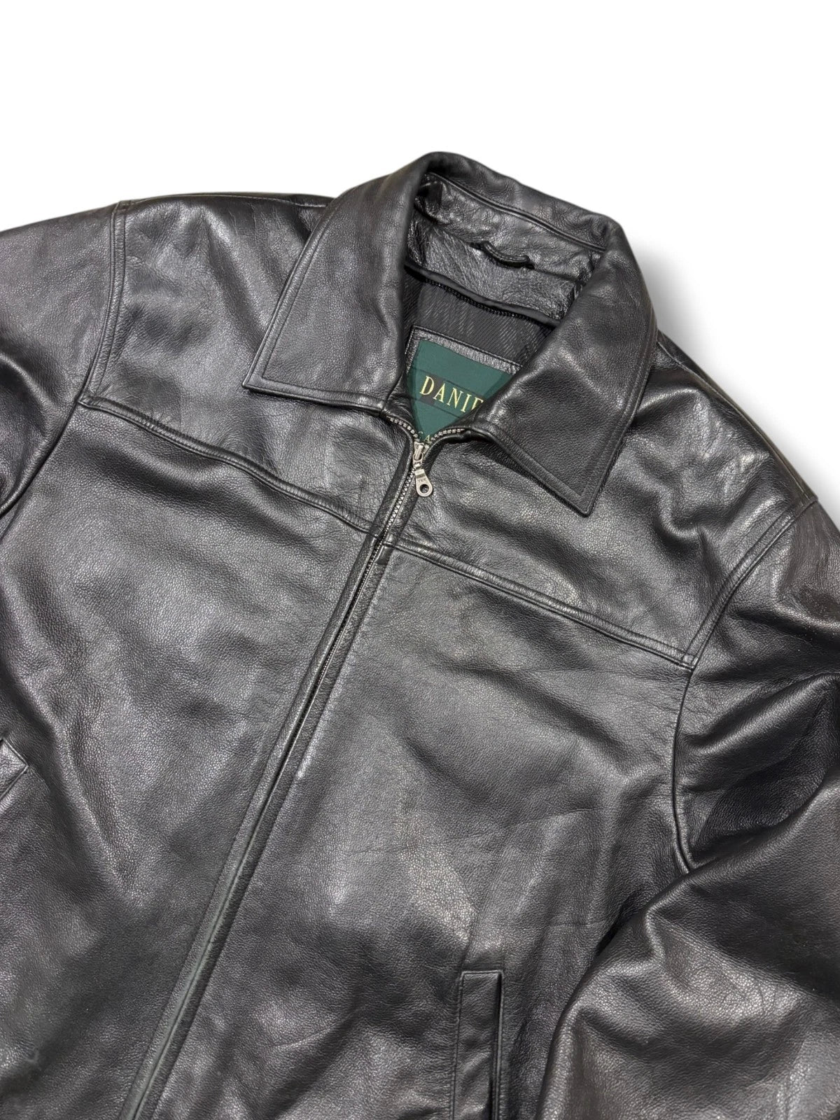 Vintage Black Danier Leather Jacket - Large - Cropped Zip Up Coat