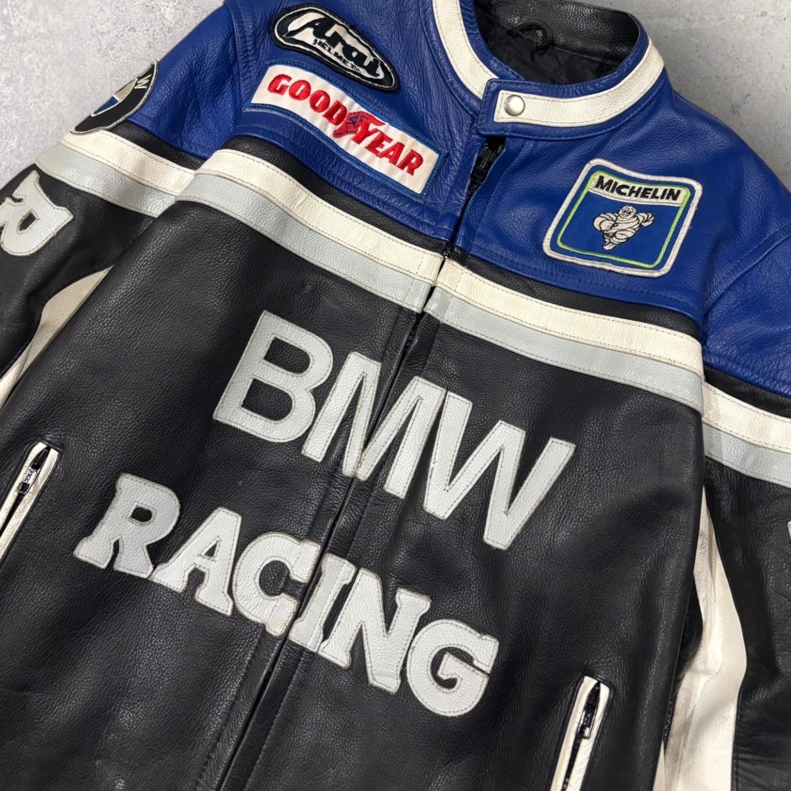 Vintage 1990s BMW Racing Leather Jacket - Moto Coat - Size Medium - Blue & Black