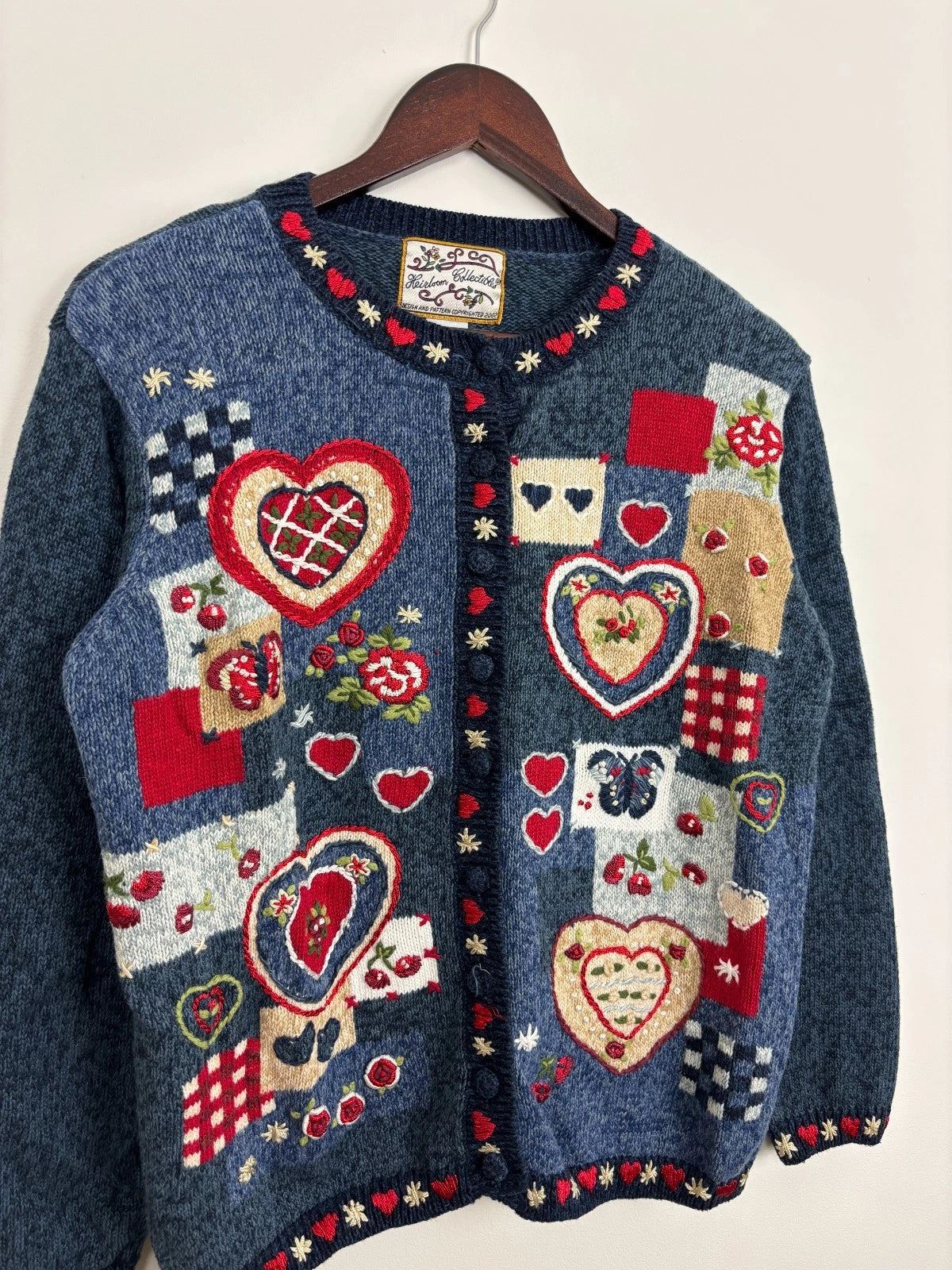 Vintage 1990s Blue Cute Hearts Knit Sweater - Grandma Button Up - Size Small