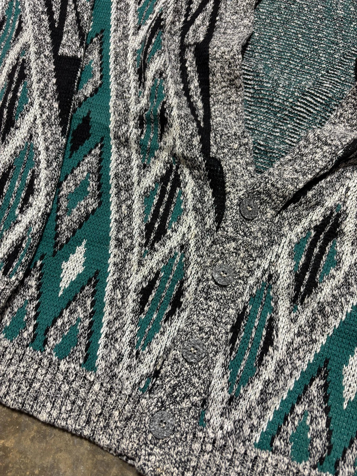 Vintage 1990s Knit Cardigan Sweater / Size Large / Gray & Turquoise / Button Up