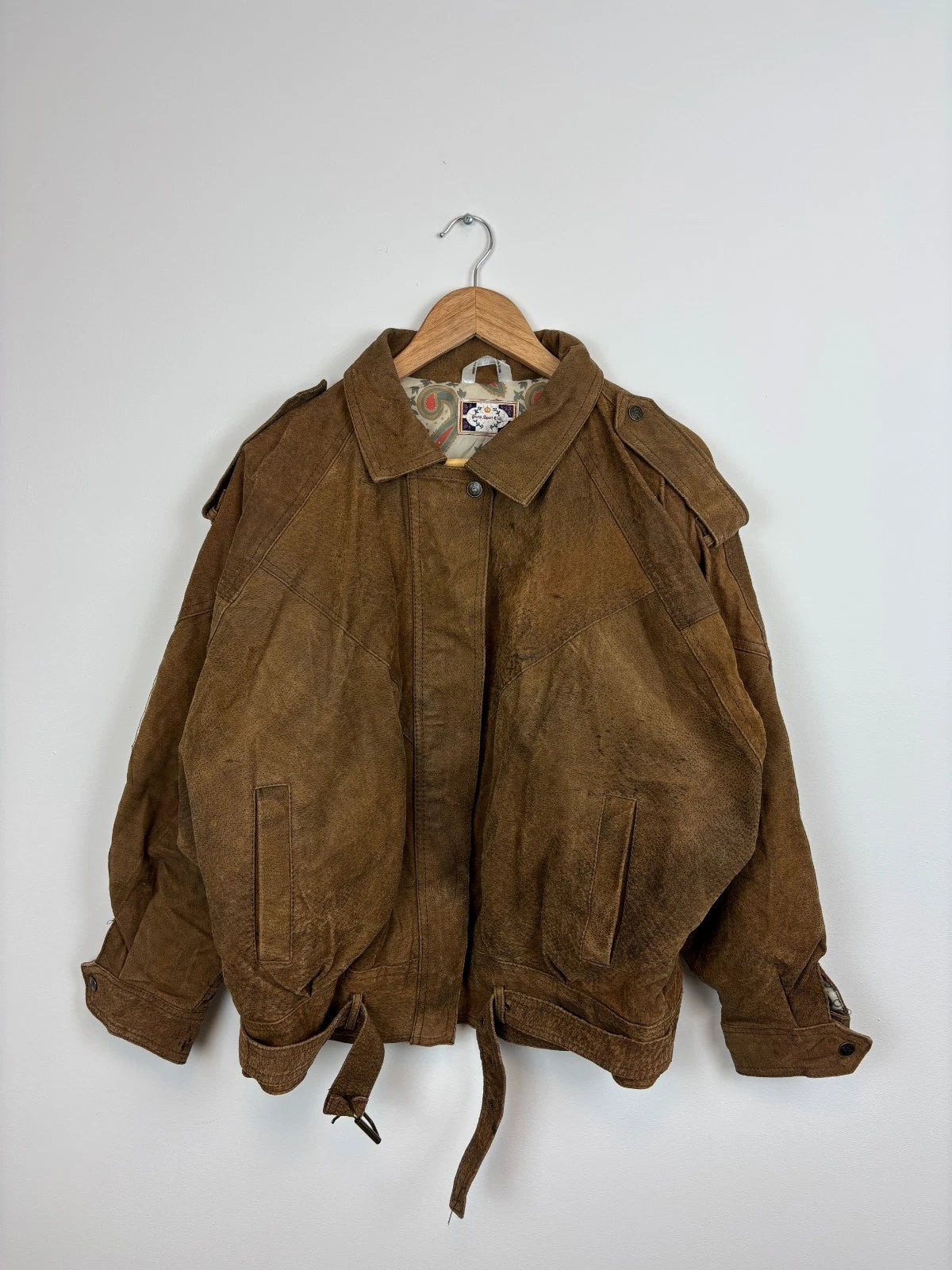 Vintage 1990s Brown Leather Jacket / Size Large / Paris Sport Club Aviator Coat