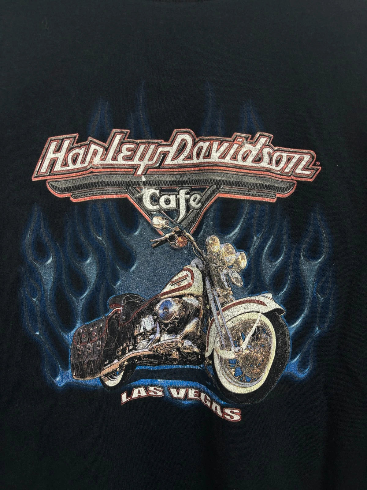Vintage 1990s Black Harley Davidson Cafe T-Shirt - Blue Flame - Size XL
