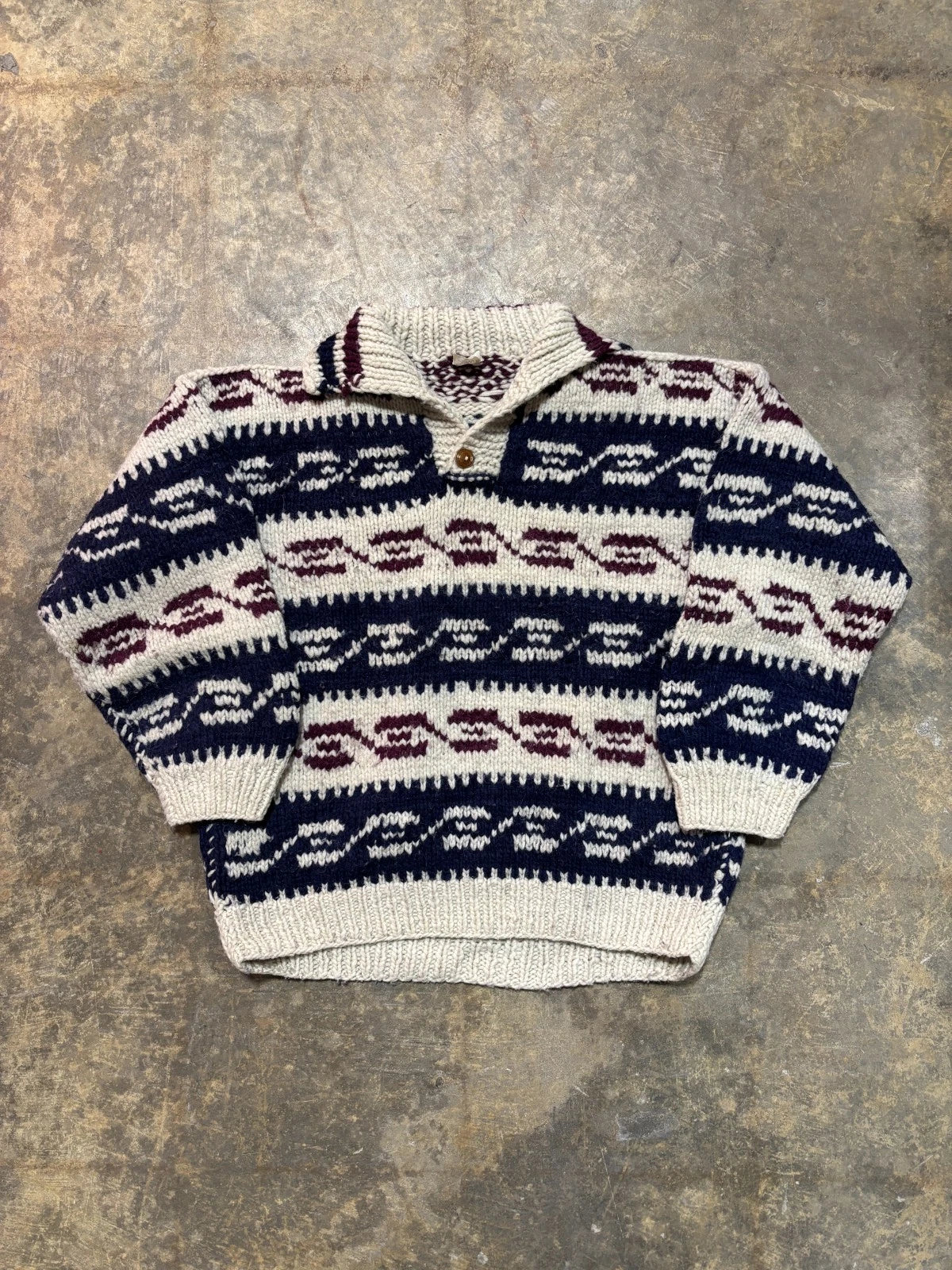 Vintage 100% Wool Abstract Sweater / Size Medium / White & Blue