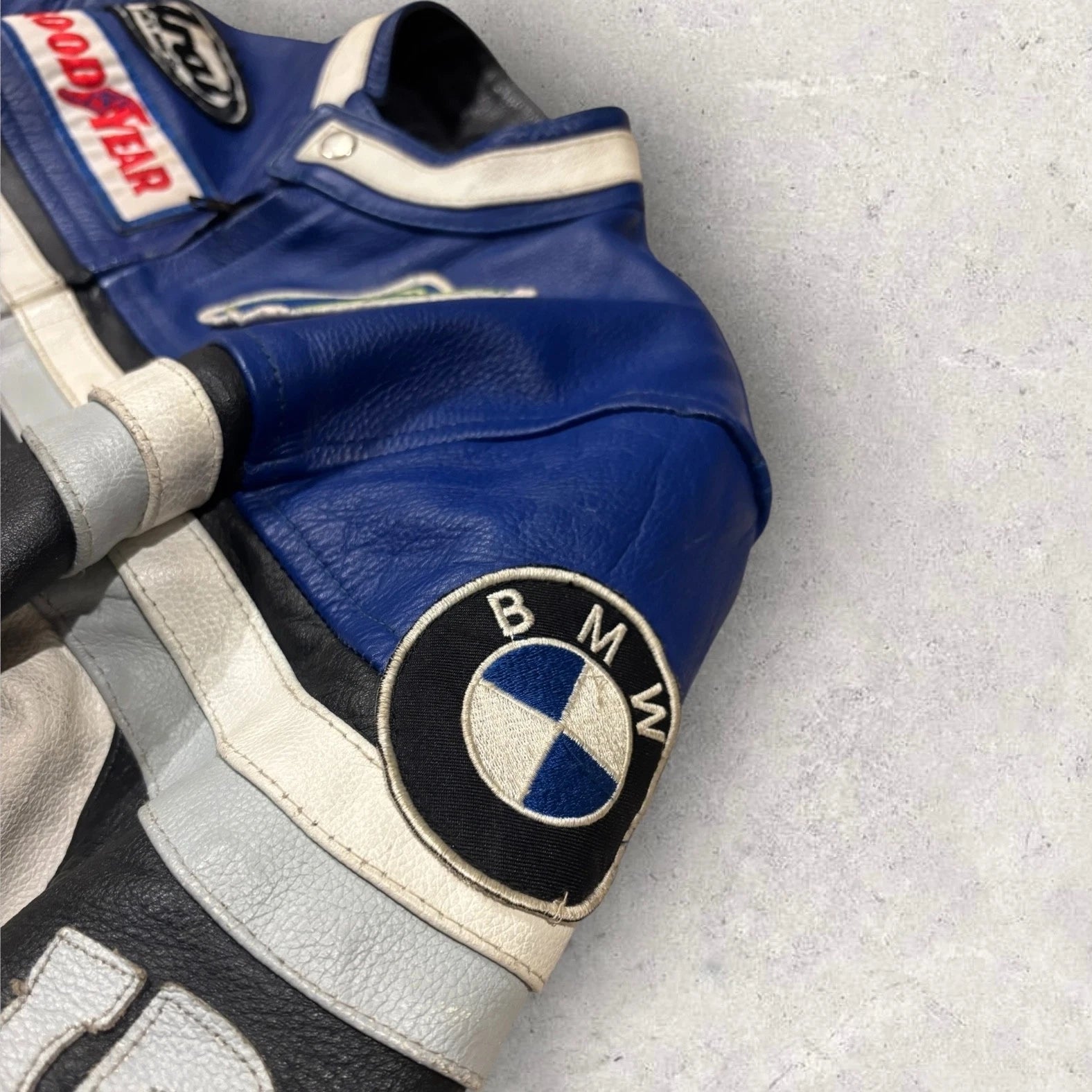 Vintage 1990s BMW Racing Leather Jacket - Moto Coat - Size Medium - Blue & Black