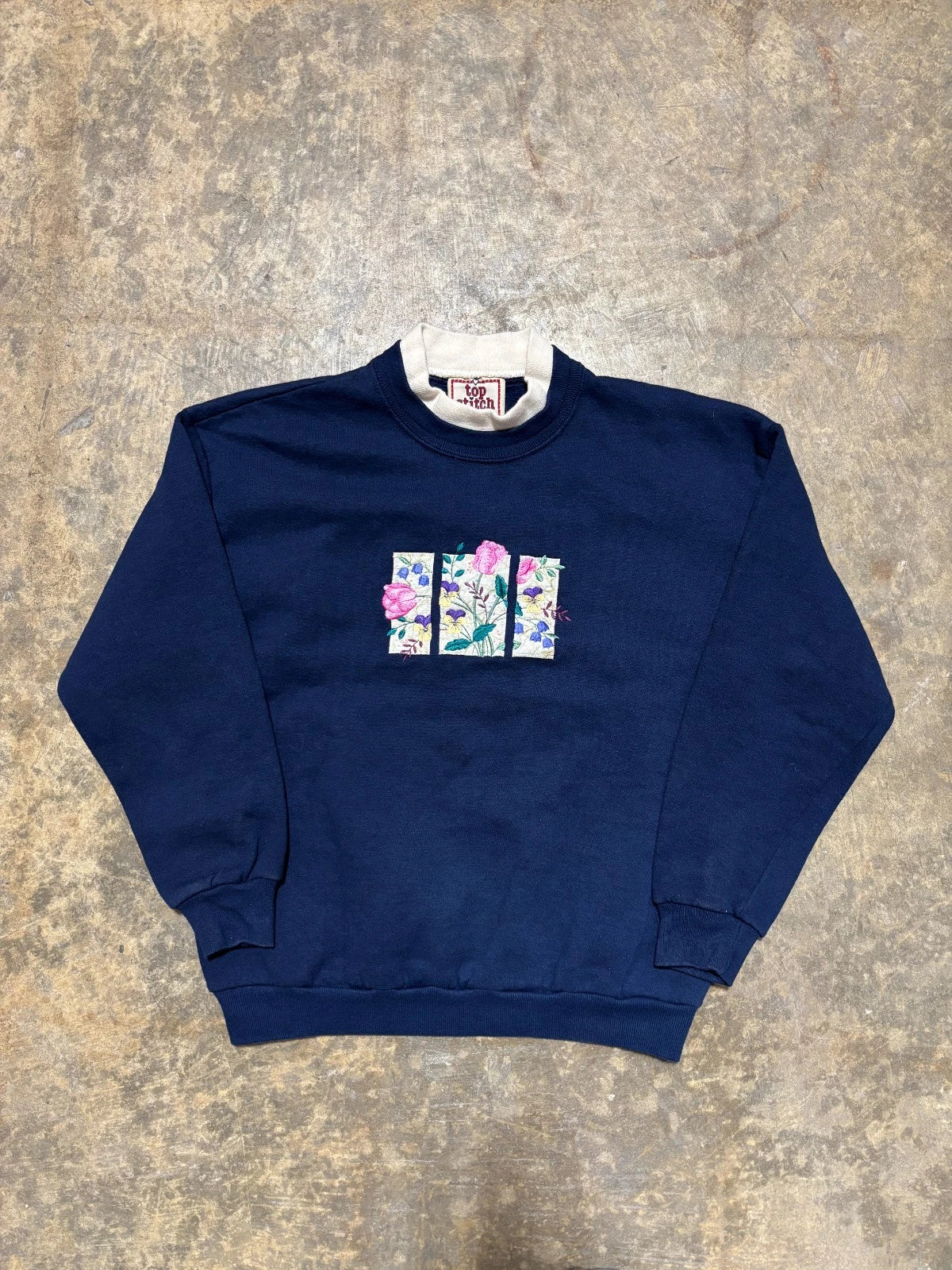 Vintage Flowers Sweatshirt - Mock Neck - Size Small - Navy Blue