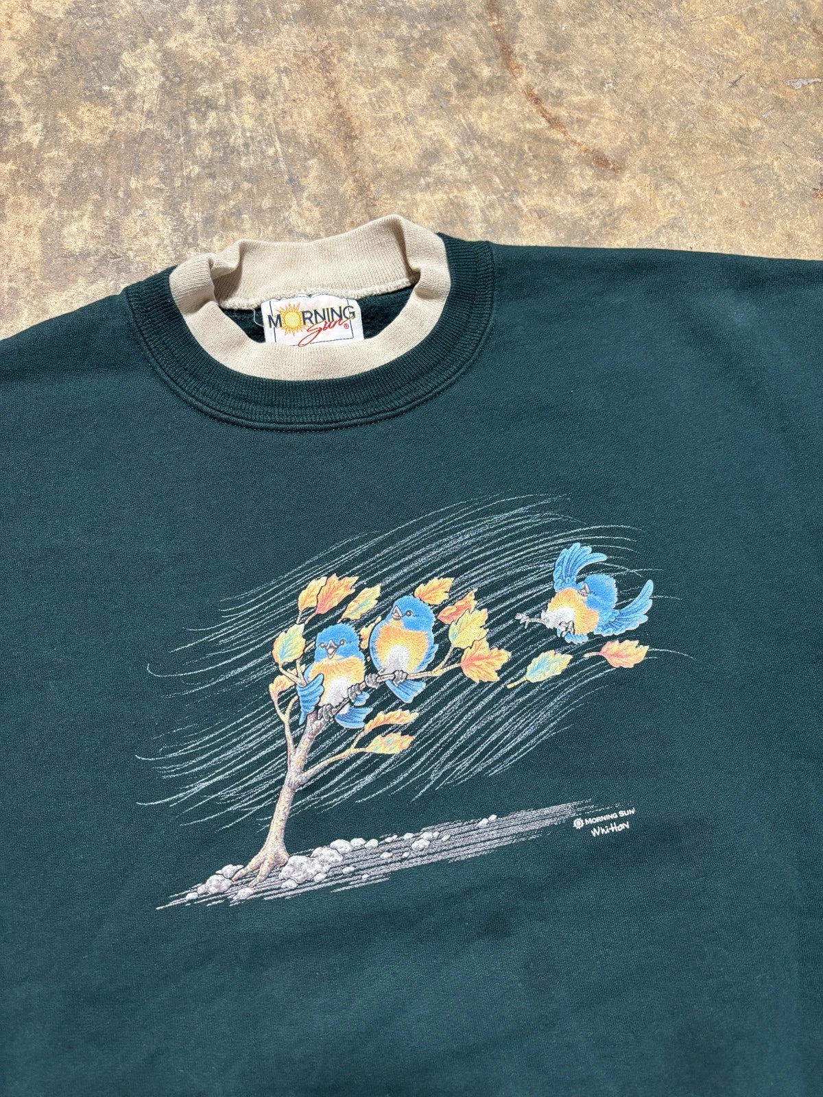 Vintage Blue Birds Sweatshirt - Animal Graphic Sweater - Size Large Forest Green