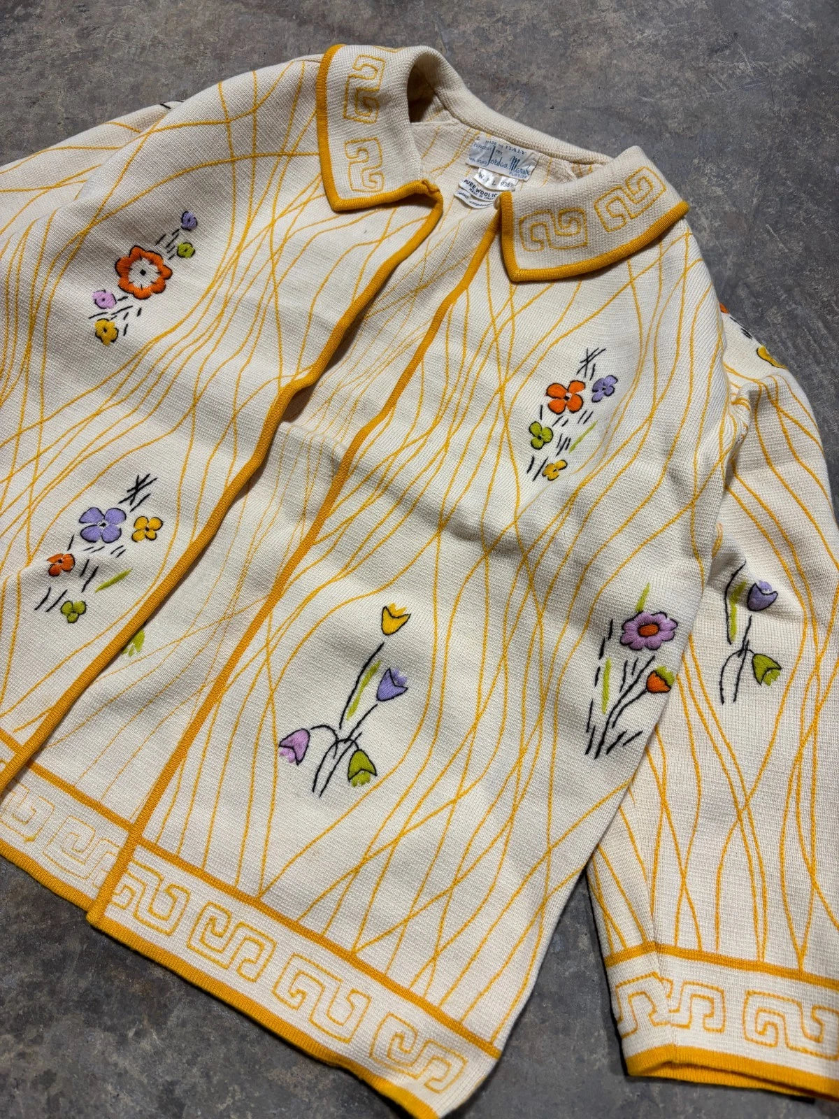 Vintage 1970s Italian Pure Wool Sweater / Size XXS / Beige / Hand Embroidered