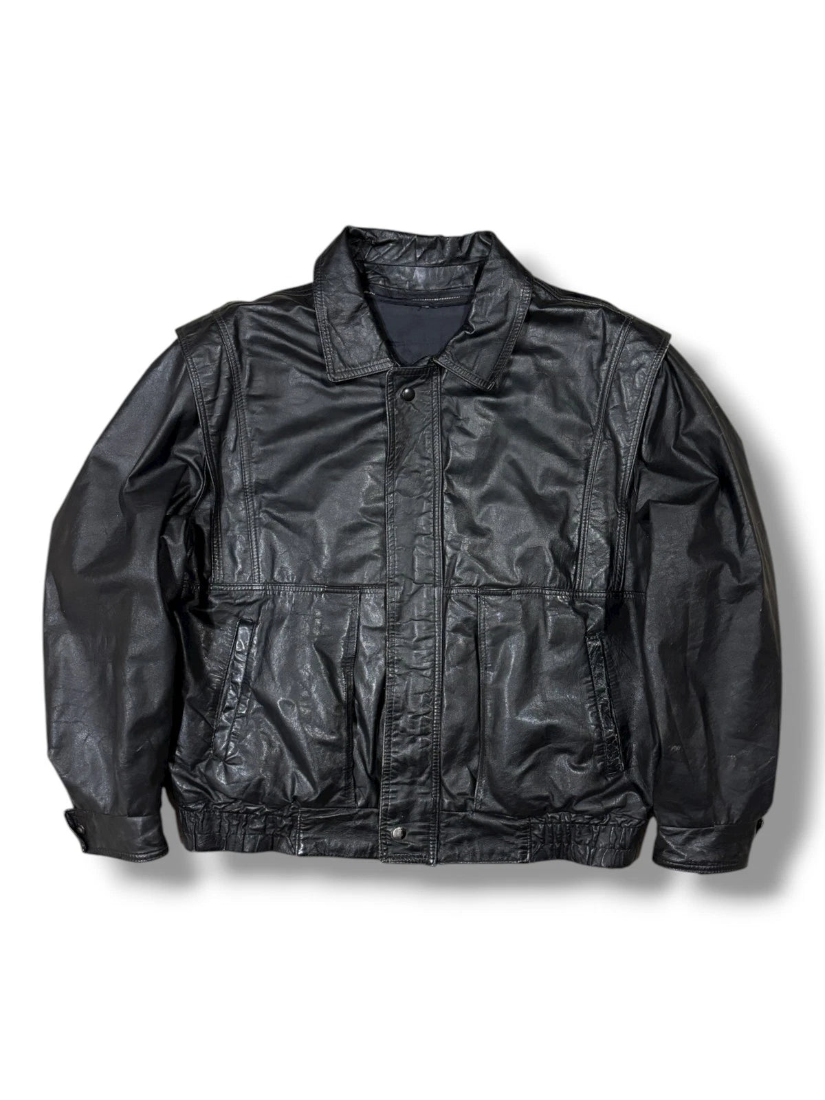 Vintage 1990s Black Leather Jacket - Large - Boulevard Club Bomber Coat