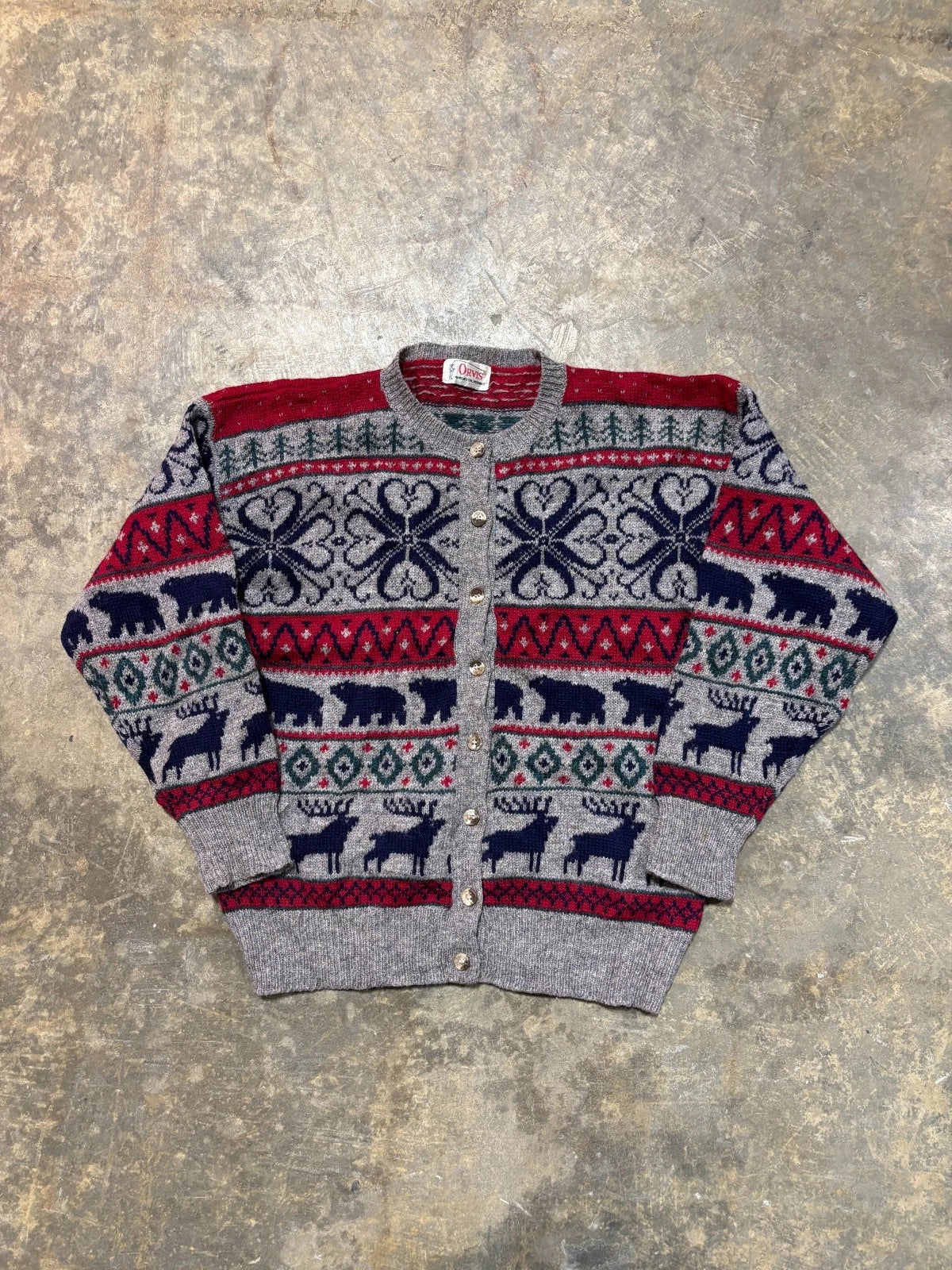 Vintage Orvis Wool Animal Cardigan Sweater / Size Medium / Red & Gray