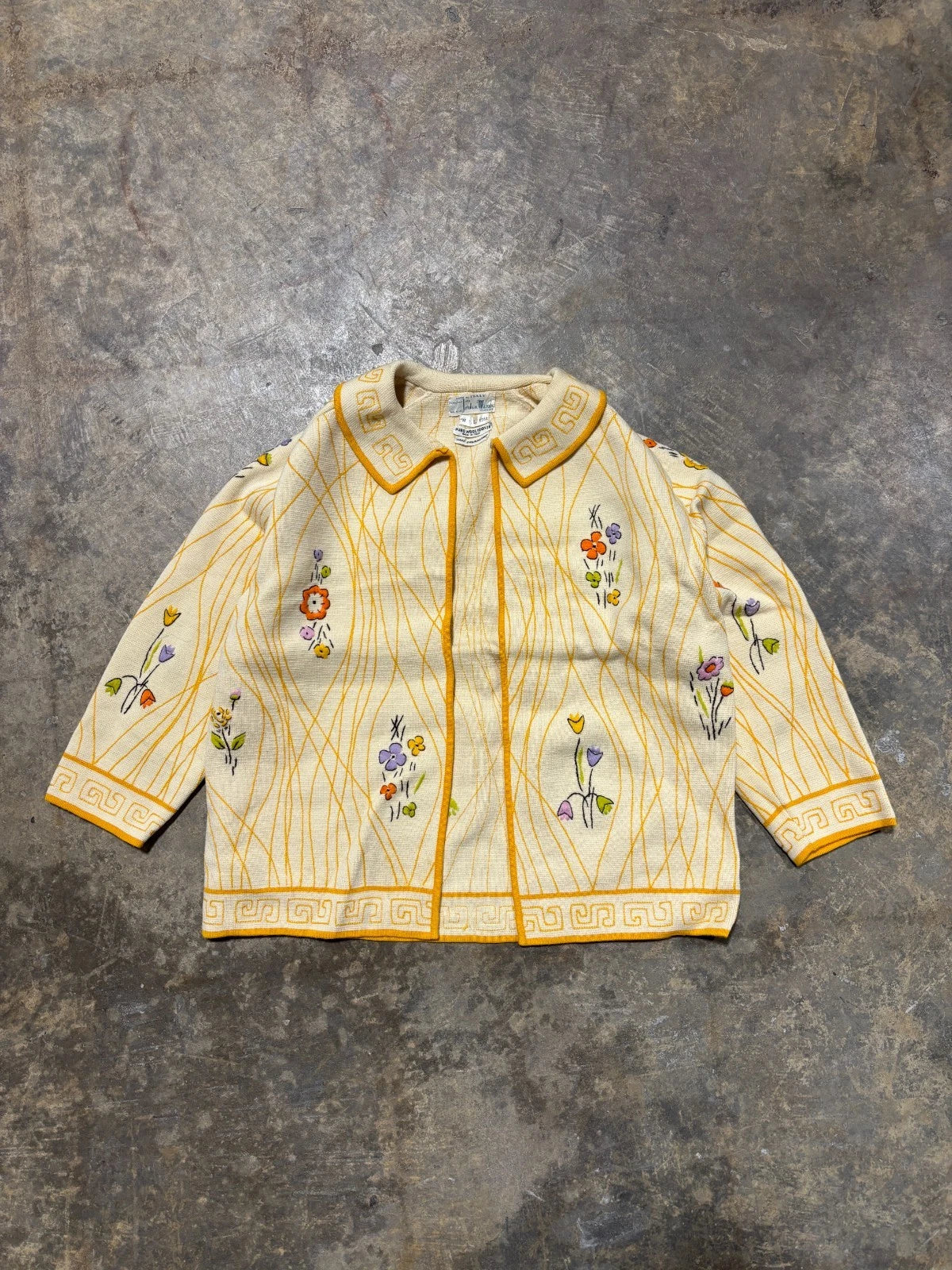 Vintage 1970s Italian Pure Wool Sweater / Size XXS / Beige / Hand Embroidered