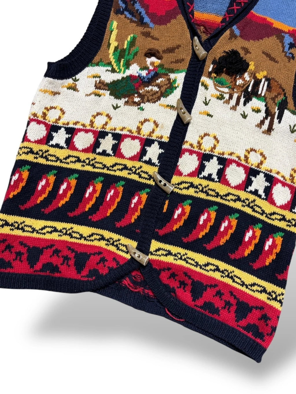 Vintage 1990s Hand Knit Sweater Vest - Western Cowboy Graphic - Medium - Red