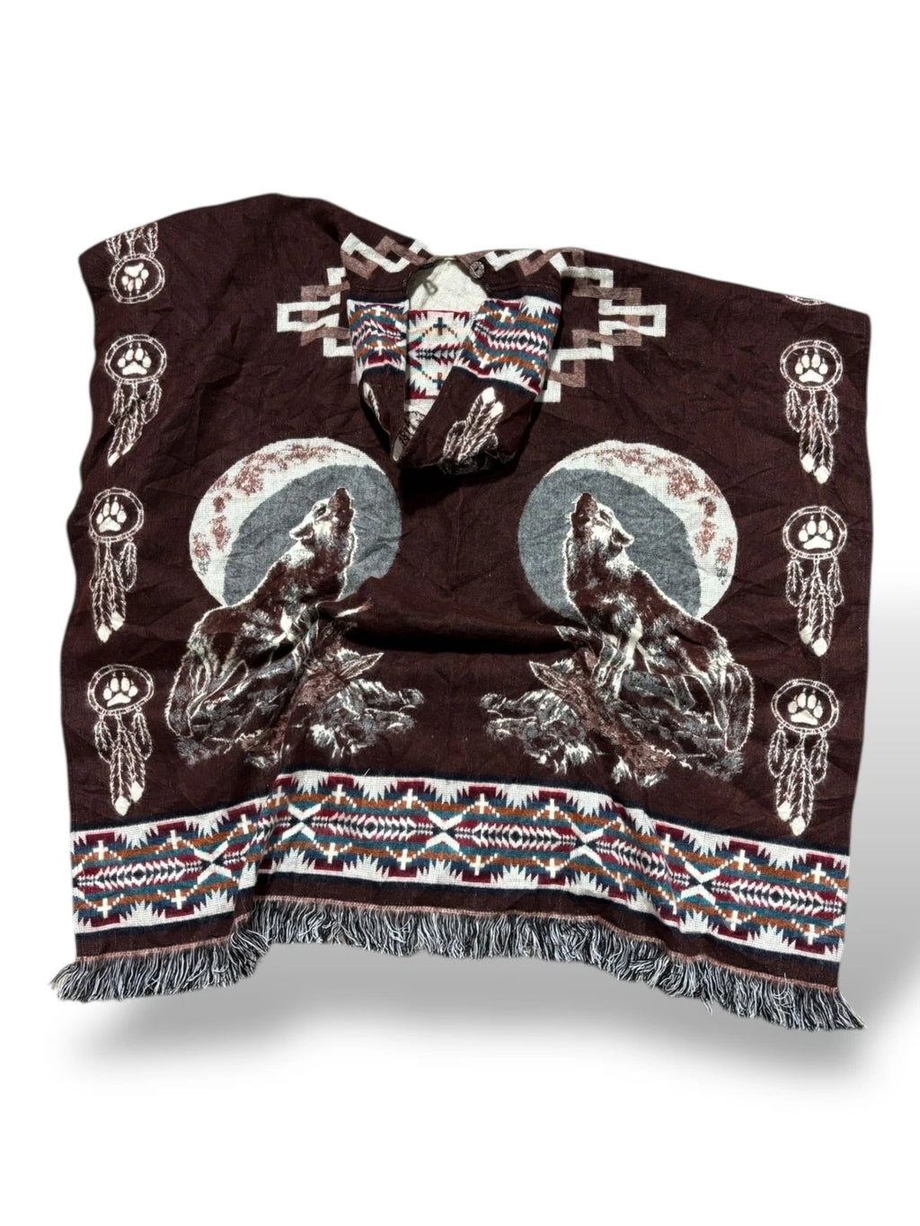 Vintage Wolf Print Pancho - XL - Brown Blanket Sweater