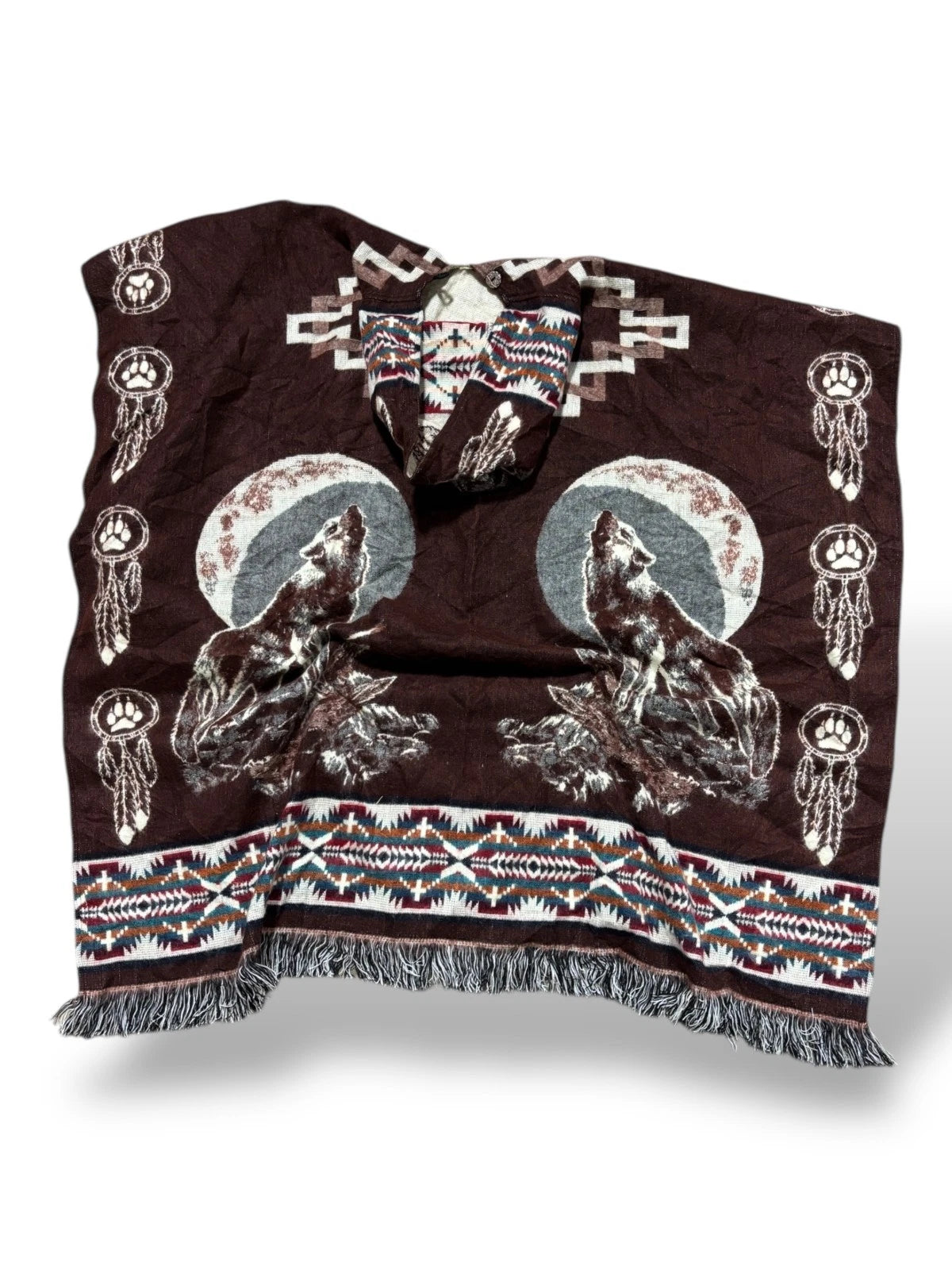 Vintage Wolf Print Pancho - XL - Brown Blanket Sweater