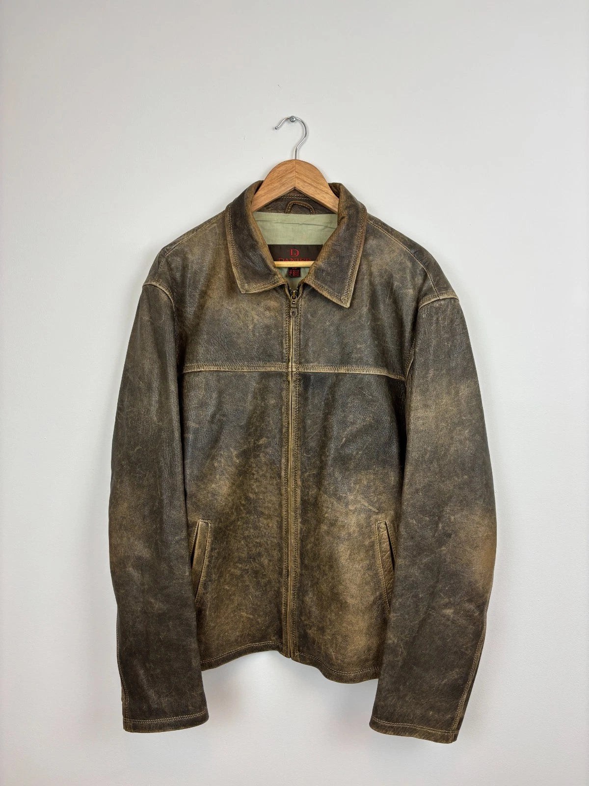 Vintage 1990s Danier Washed Brown Leather Jacket Size Large / Straight Cut Coat