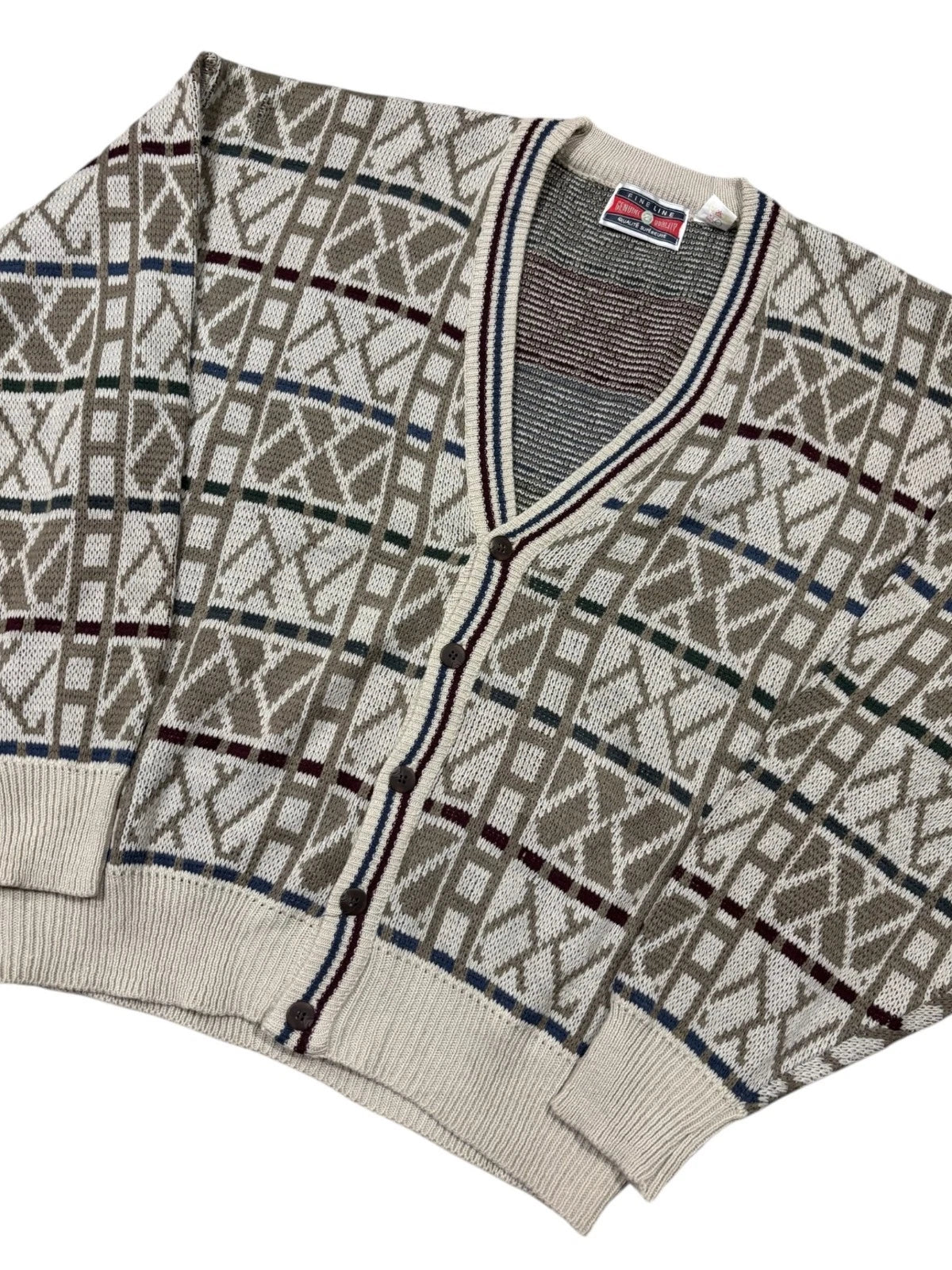 Vintage 1990s Patterned Cardigan Sweater - Large - Cream White - New With Tags