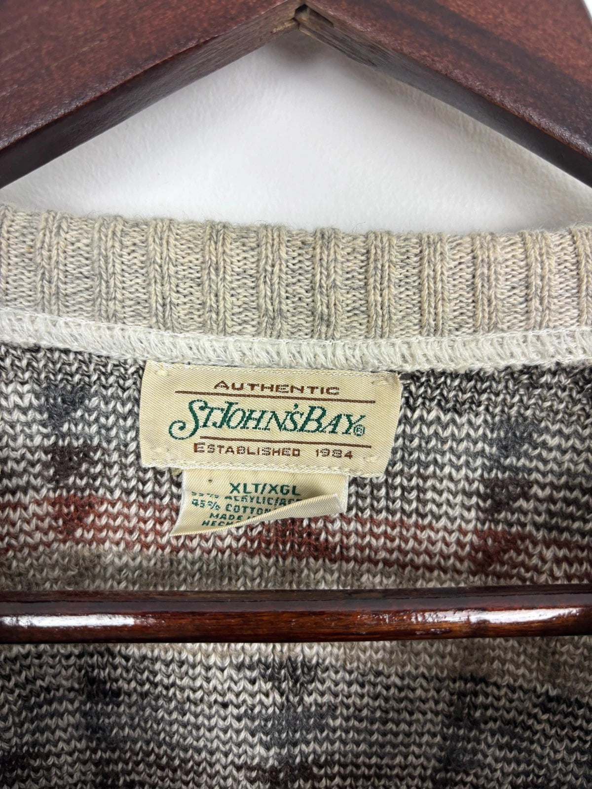 Vintage Beige Knit Sweater - Abstract Pattern - Size XL