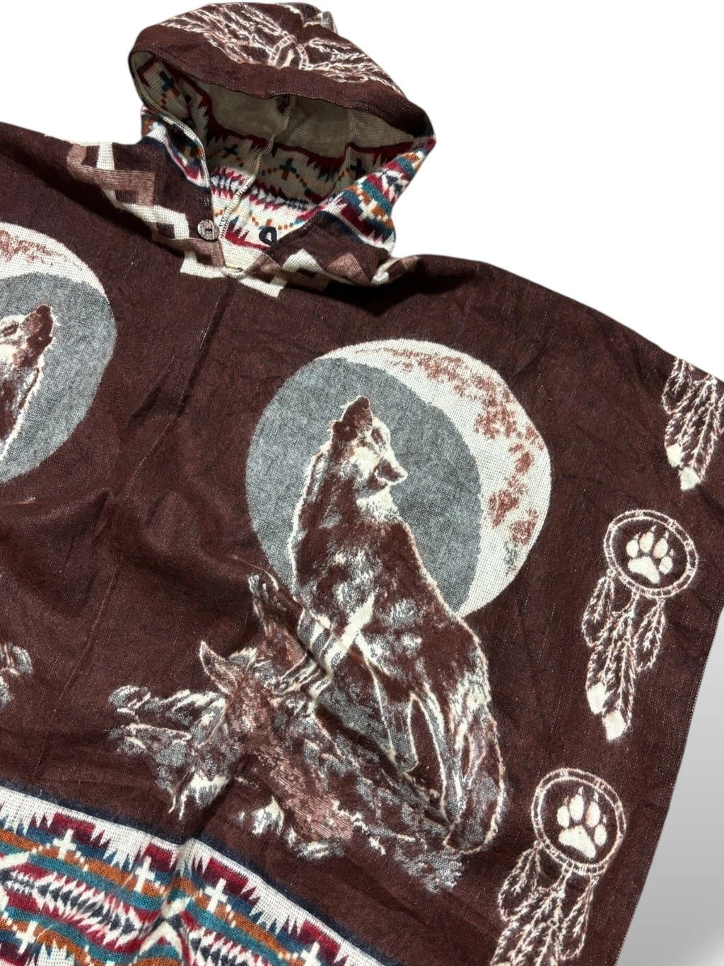 Vintage Wolf Print Pancho - XL - Brown Blanket Sweater