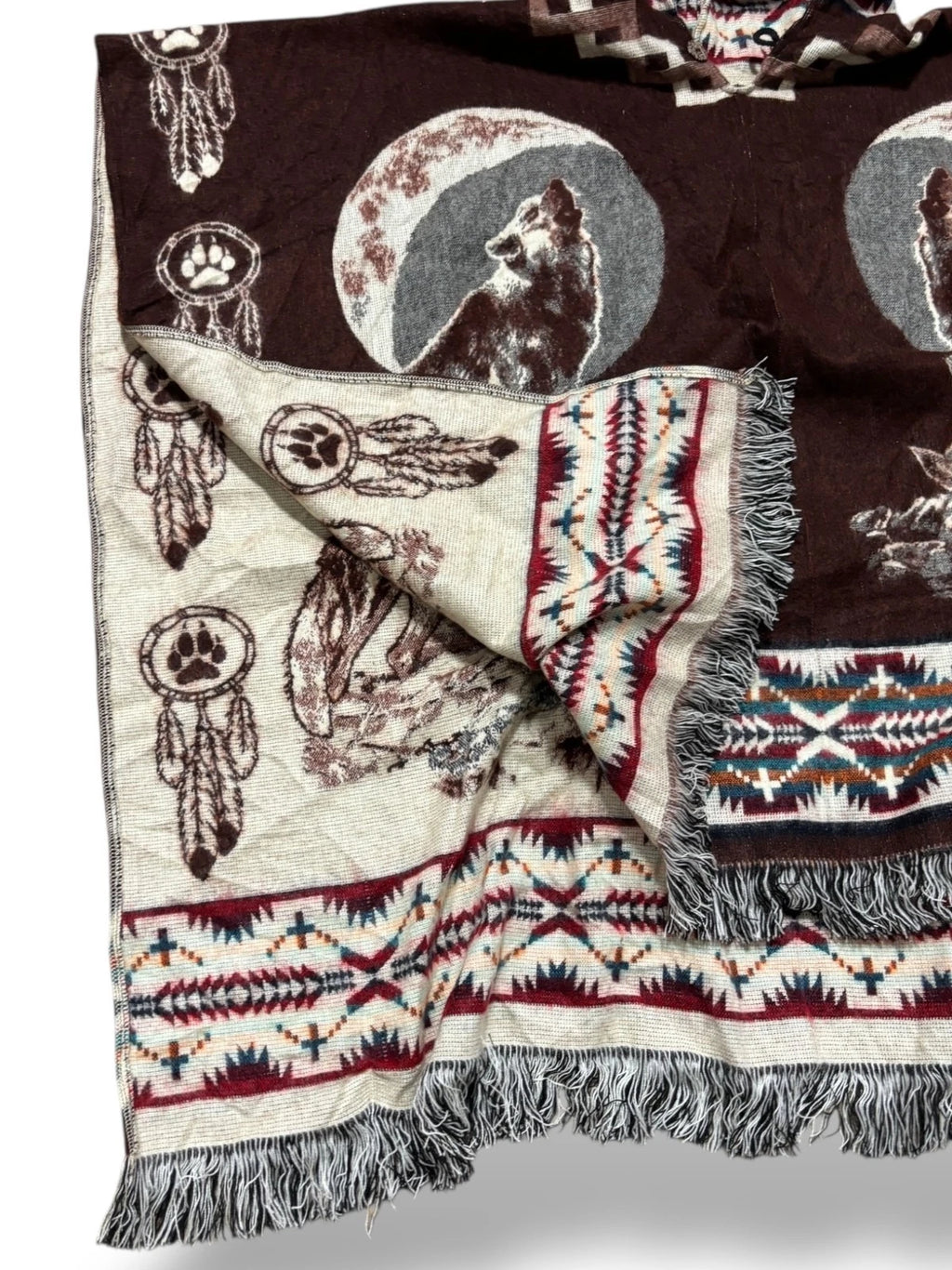 Vintage Wolf Print Pancho - XL - Brown Blanket Sweater