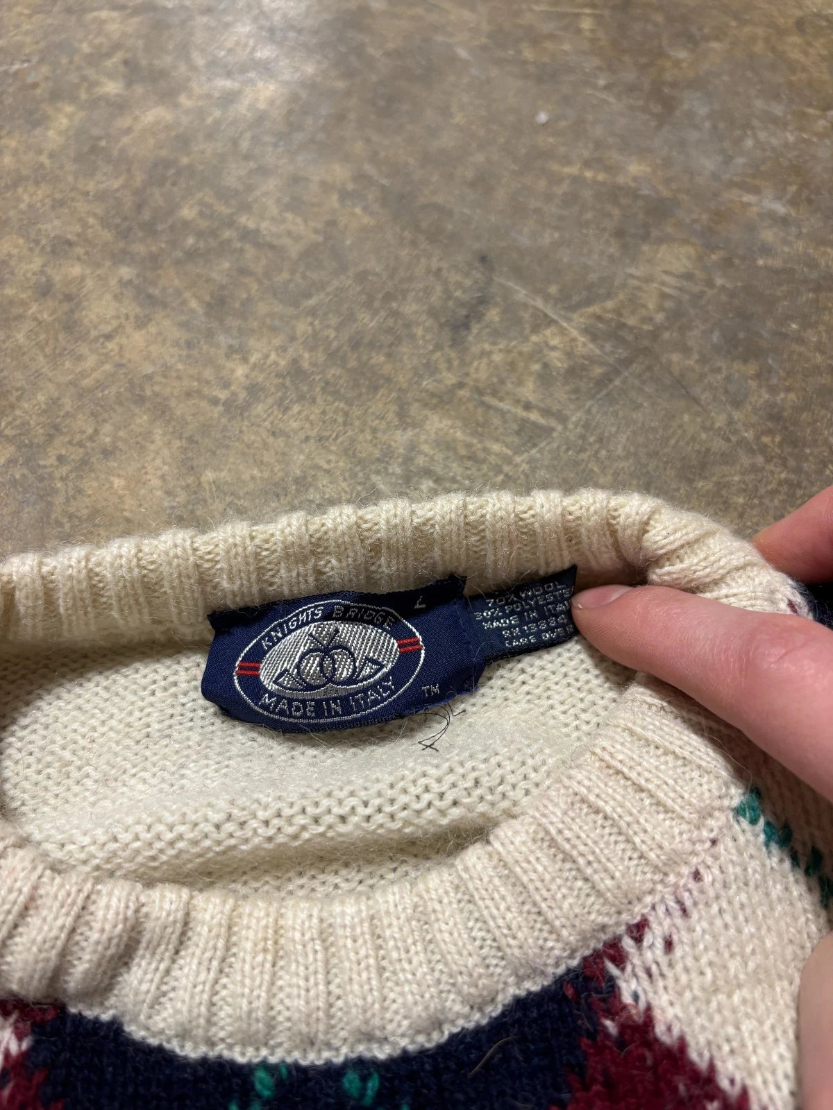 Vintage Diamond Pattern Wool Knit Sweater / Knights Bridge / Size Large / White