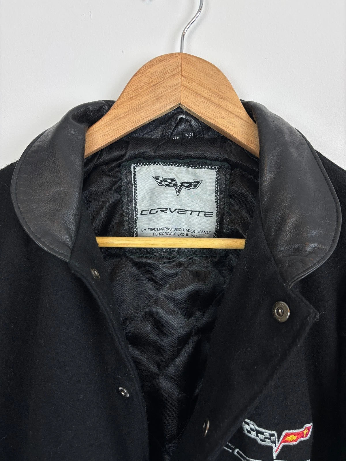 Vintage Corvette Varsity Jacket / Size XL / Black Wool & Leather Coat