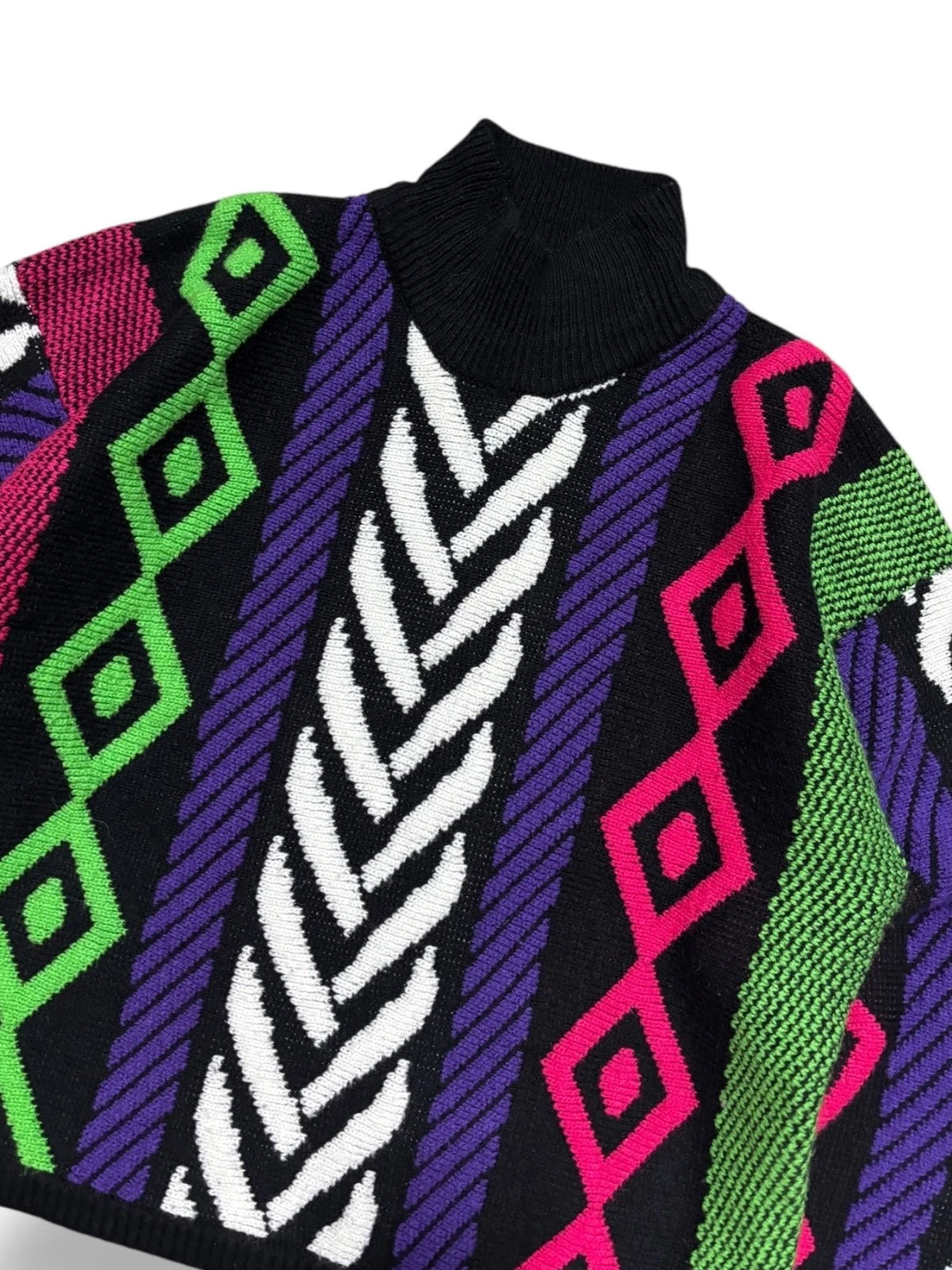 Vintage 1980s Cropped Neon Abstract Knit Sweater - Large - Multi Color