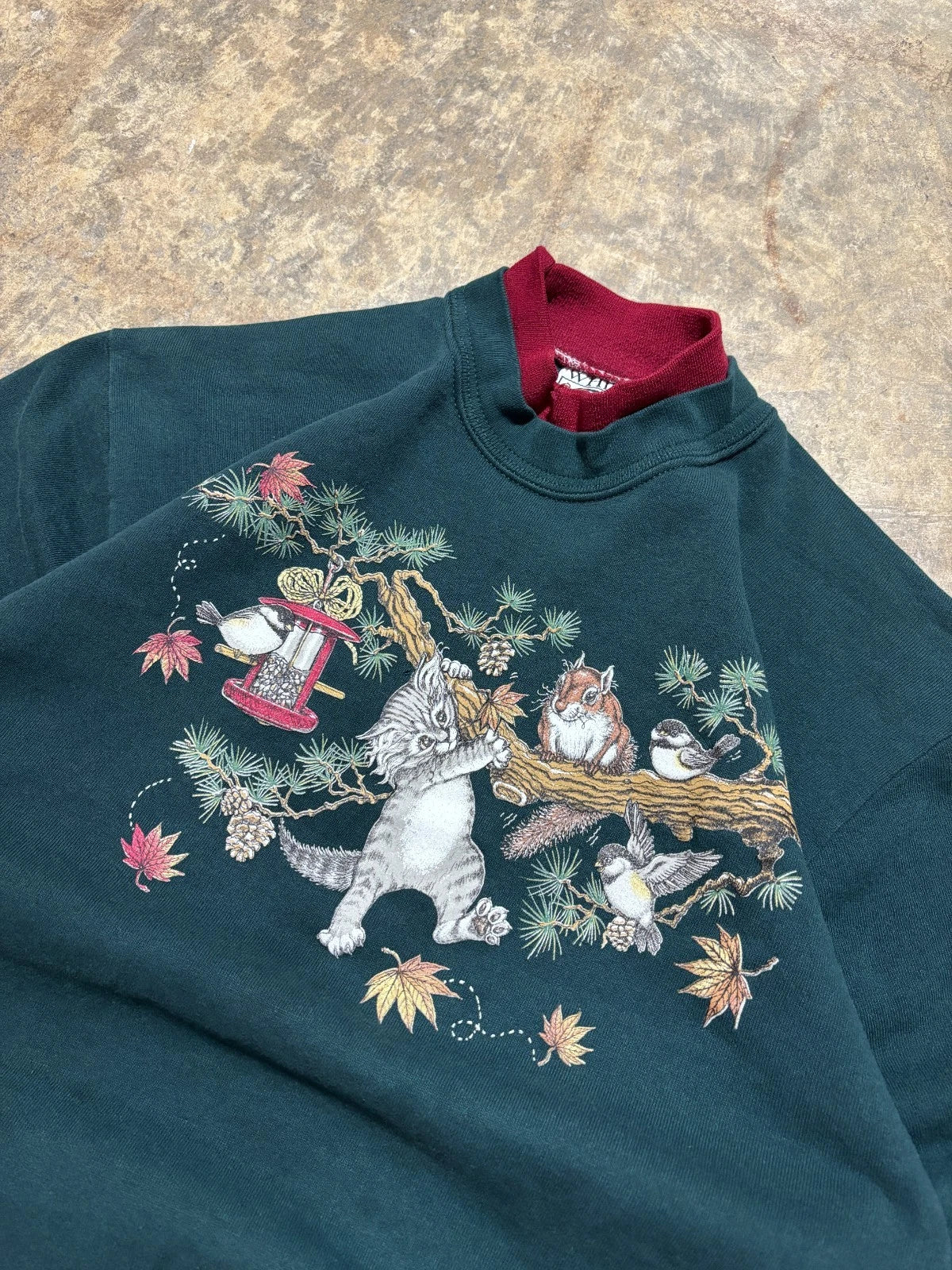 Vintage Cute Cat Graphic Sweatshirt - Green Pullover Sweater - Size Medium