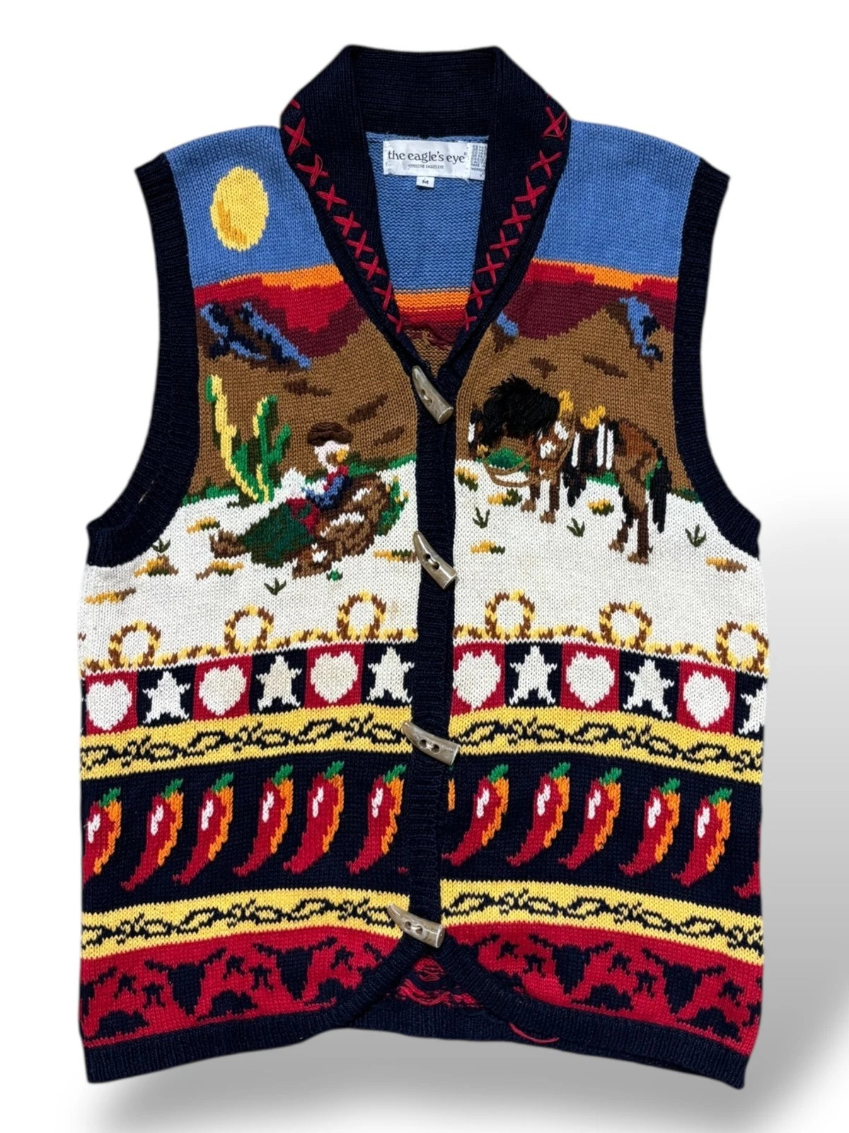 Vintage 1990s Hand Knit Sweater Vest - Western Cowboy Graphic - Medium - Red
