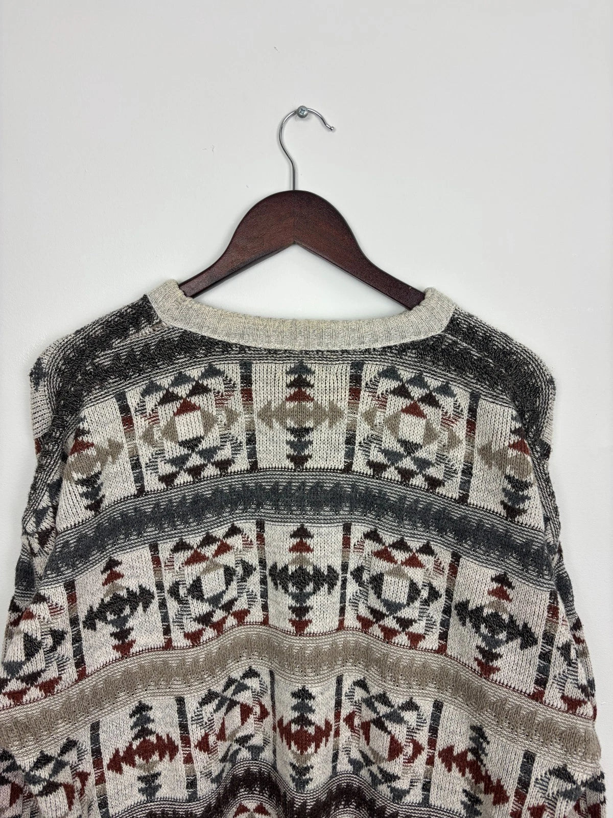 Vintage Beige Knit Sweater - Abstract Pattern - Size XL