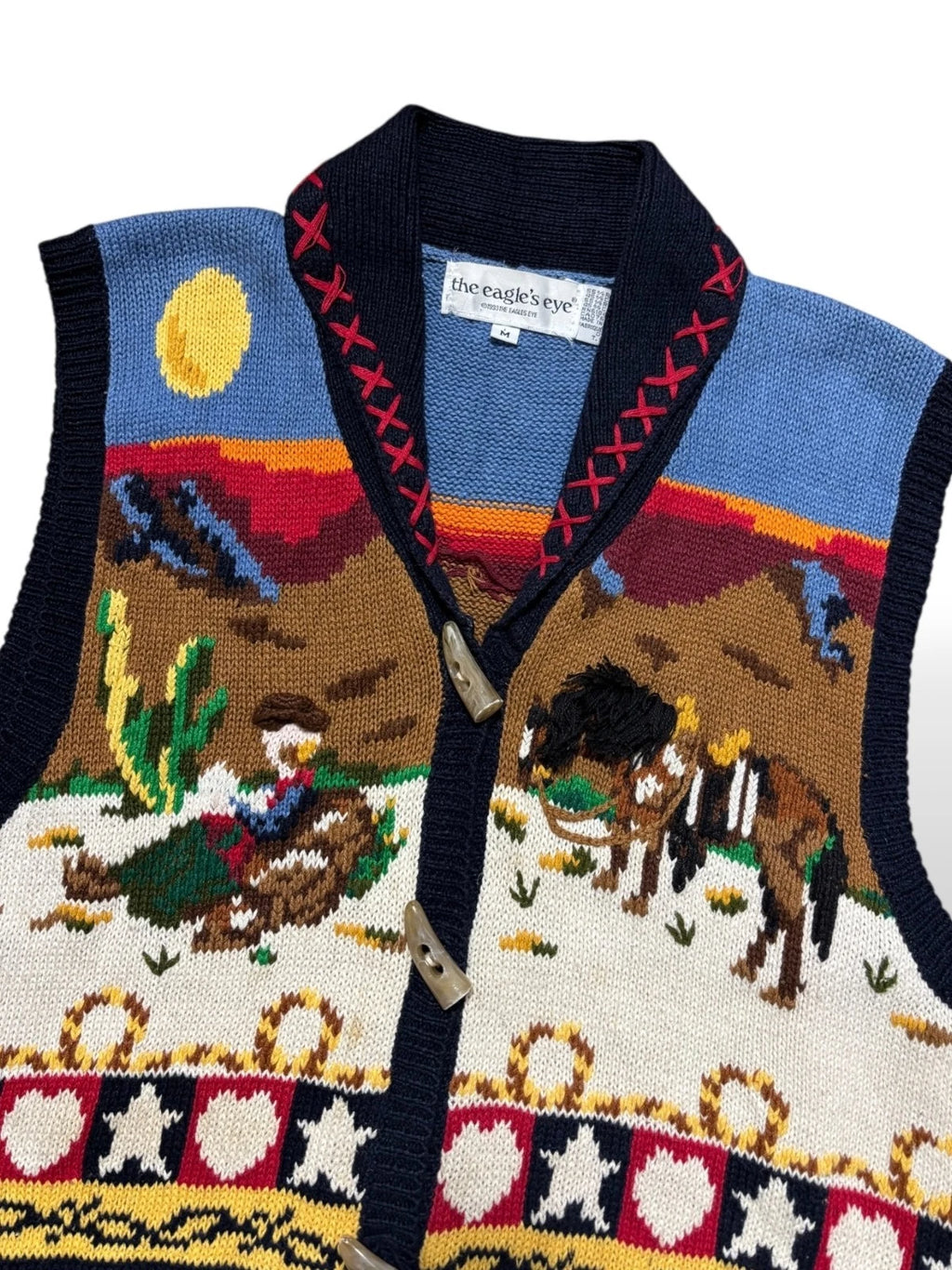 Vintage 1990s Hand Knit Sweater Vest - Western Cowboy Graphic - Medium - Red
