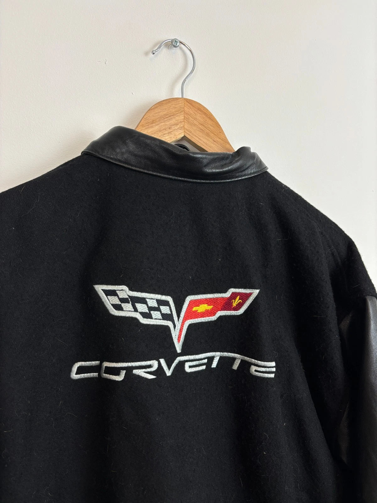 Vintage Corvette Varsity Jacket / Size XL / Black Wool & Leather Coat