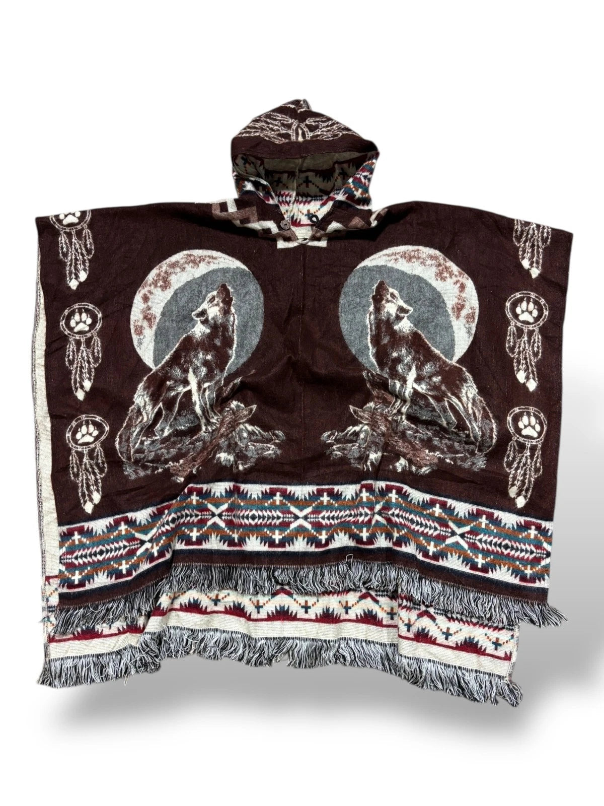 Vintage Wolf Print Pancho - XL - Brown Blanket Sweater