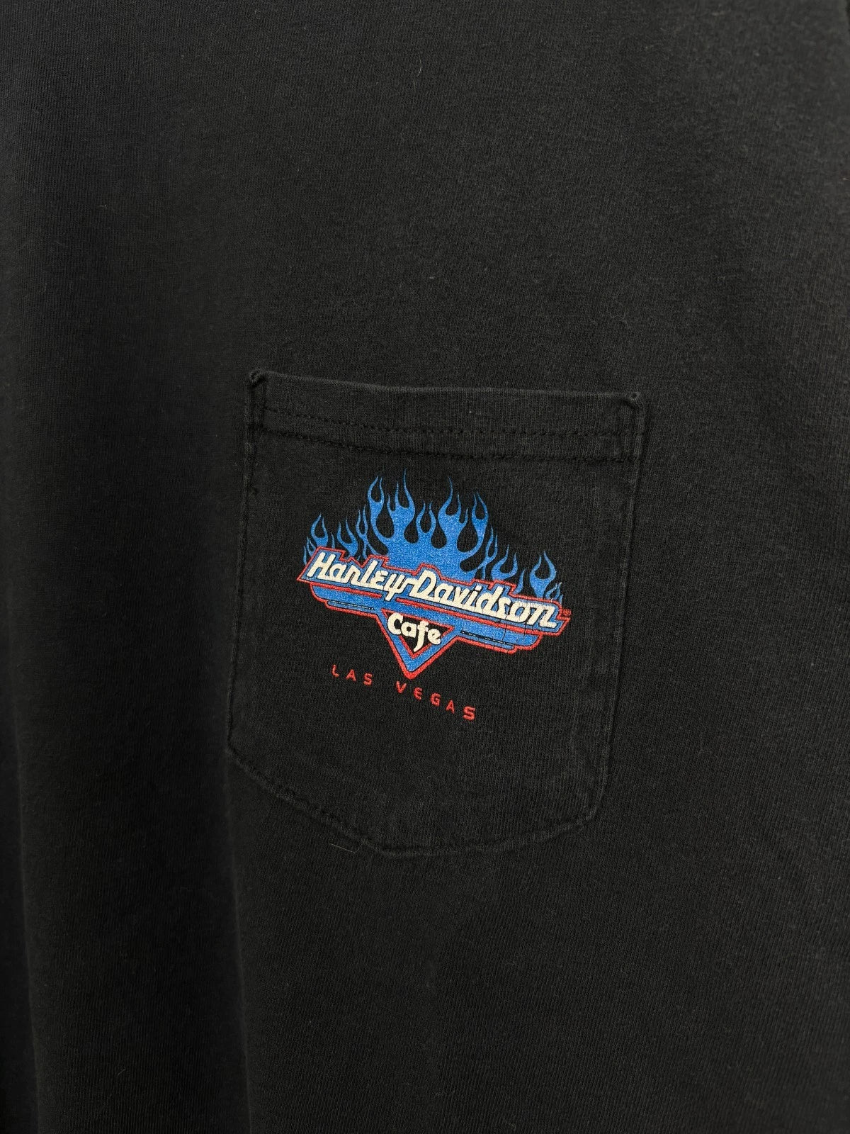 Vintage 1990s Black Harley Davidson Cafe T-Shirt - Blue Flame - Size XL