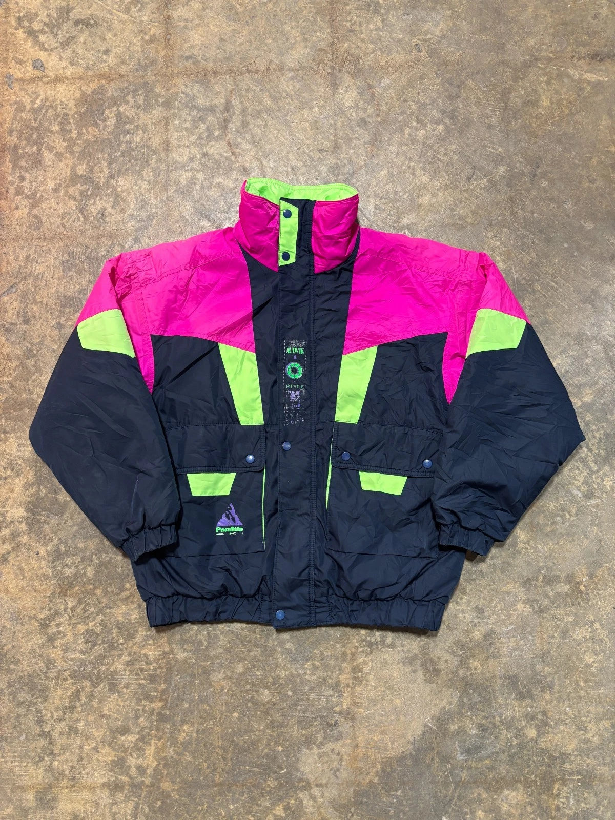 Vintage Parallele Winter Ski Jacket / Size Small / Navy Blue & Neon / Coat