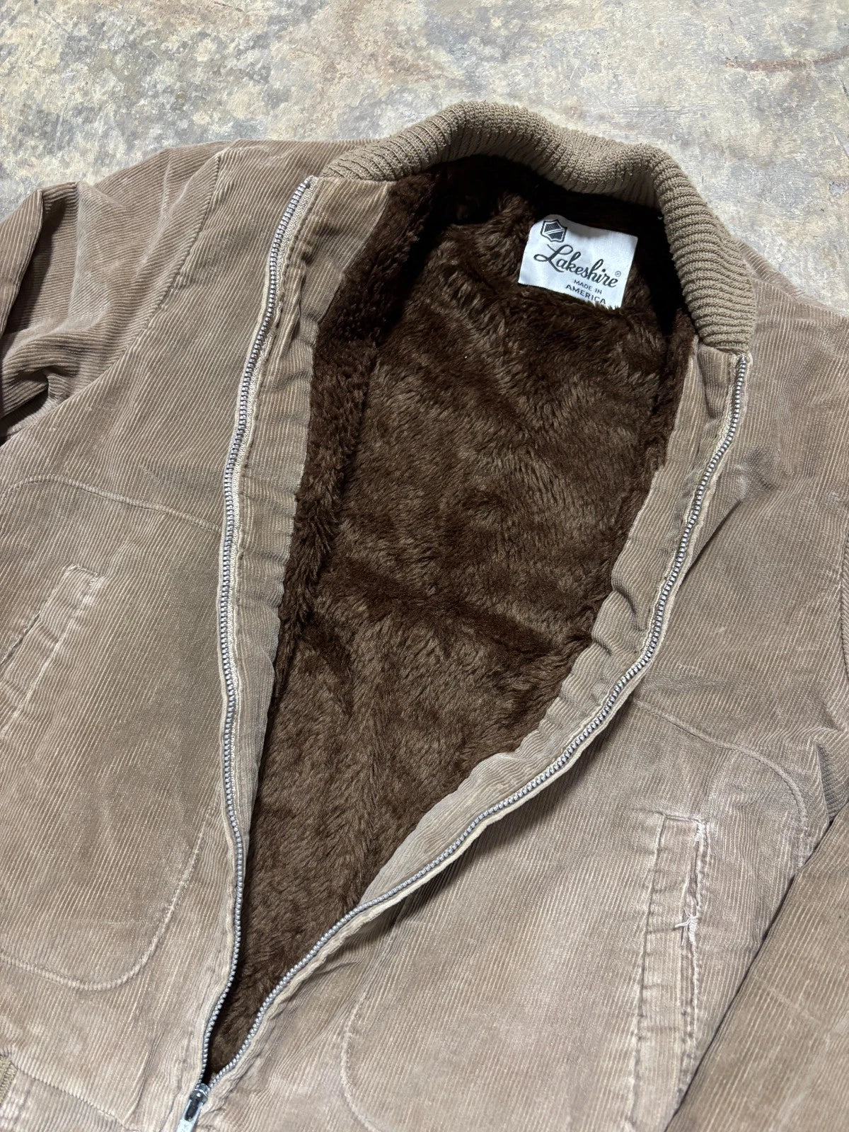 Vintage 1980s Lakeshire Corduroy Bomber Jacket / Fur Zip Up Coat / Size Medium