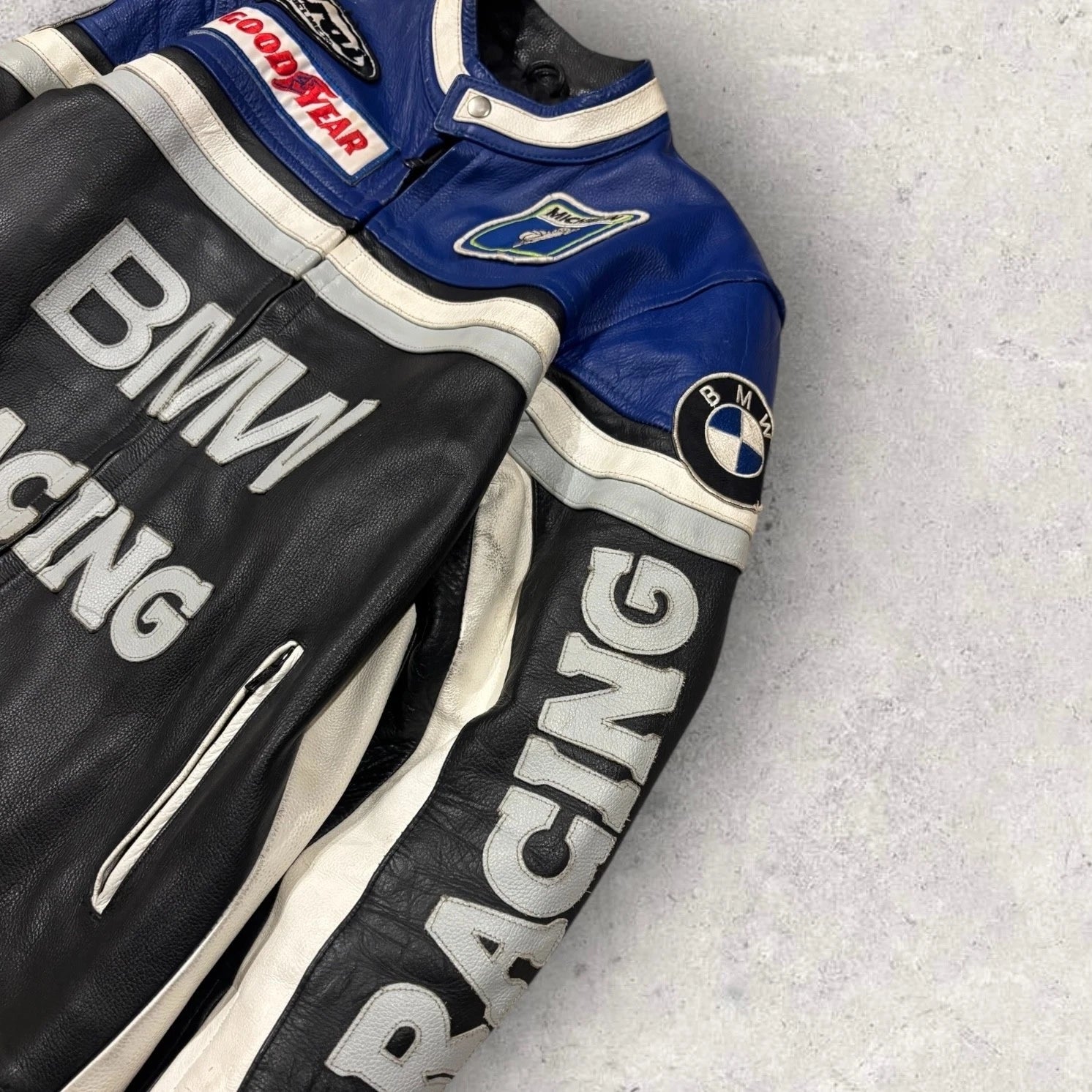 Vintage 1990s BMW Racing Leather Jacket - Moto Coat - Size Medium - Blue & Black