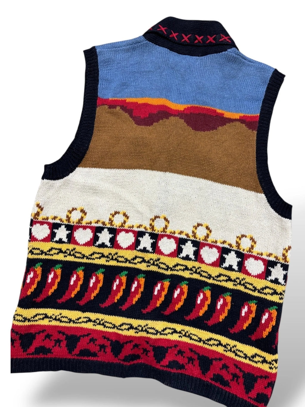 Vintage 1990s Hand Knit Sweater Vest - Western Cowboy Graphic - Medium - Red