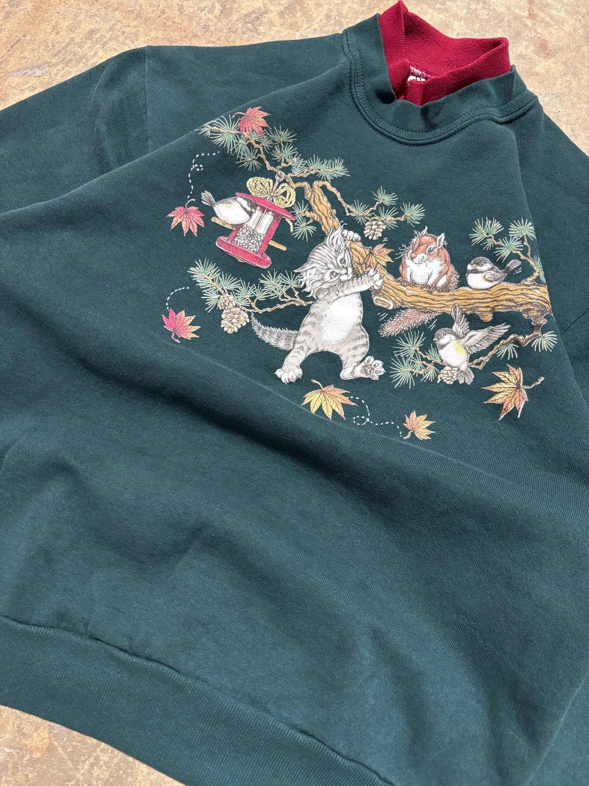 Vintage Cute Cat Graphic Sweatshirt - Green Pullover Sweater - Size Medium