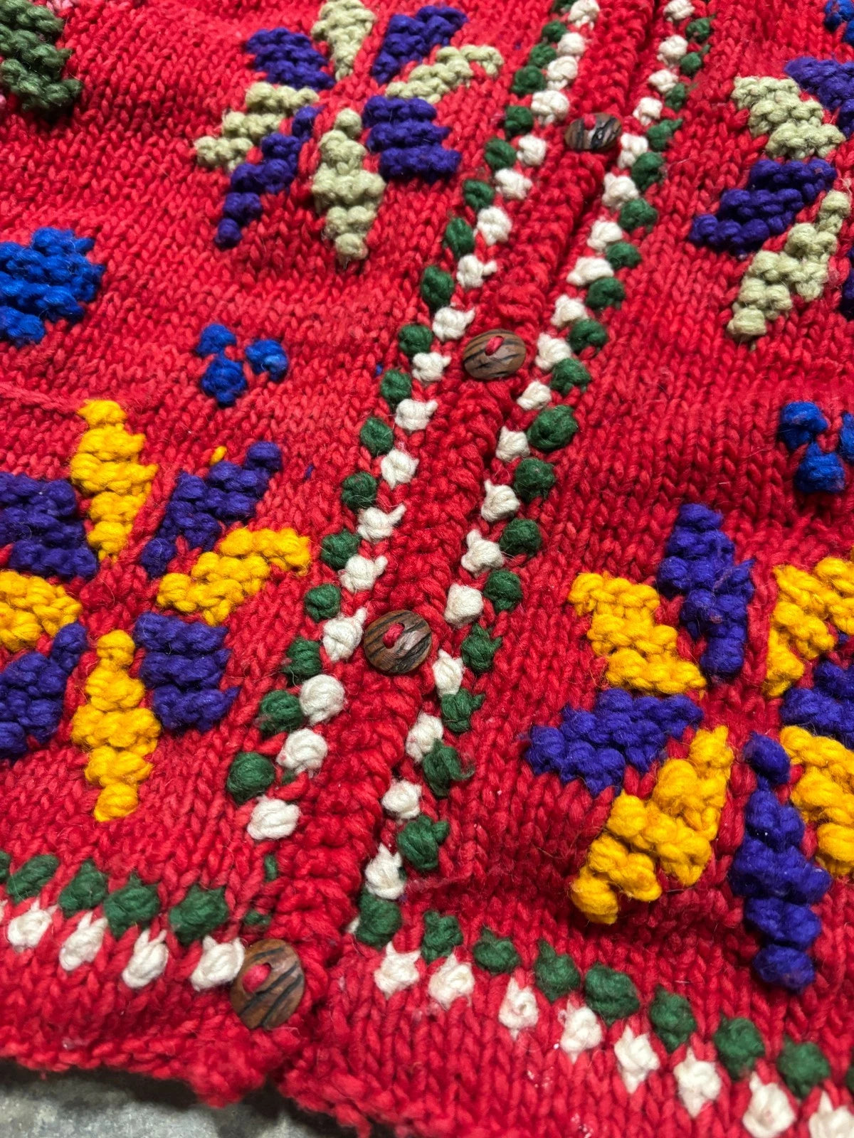 Vintage Golden Valley Hand Knit Wool Cardigan Sweater / Size Large / Red