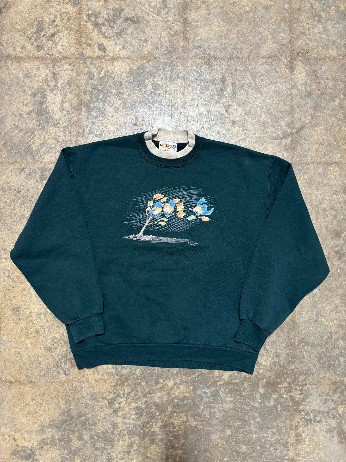 Vintage Blue Birds Sweatshirt - Animal Graphic Sweater - Size Large Forest Green