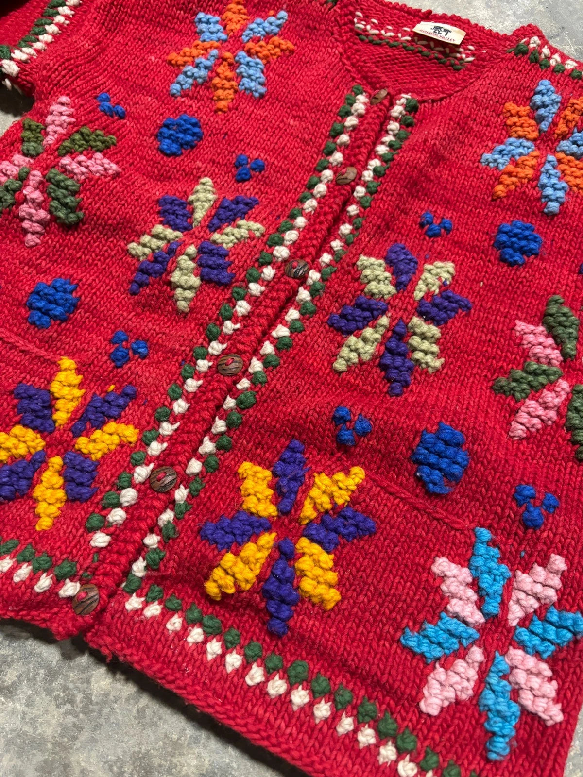 Vintage Golden Valley Hand Knit Wool Cardigan Sweater / Size Large / Red