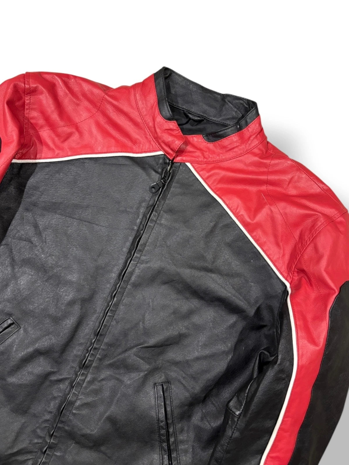 Vintage Moto Leather Jacket - Large - Red & Black Burk's Bay Coat