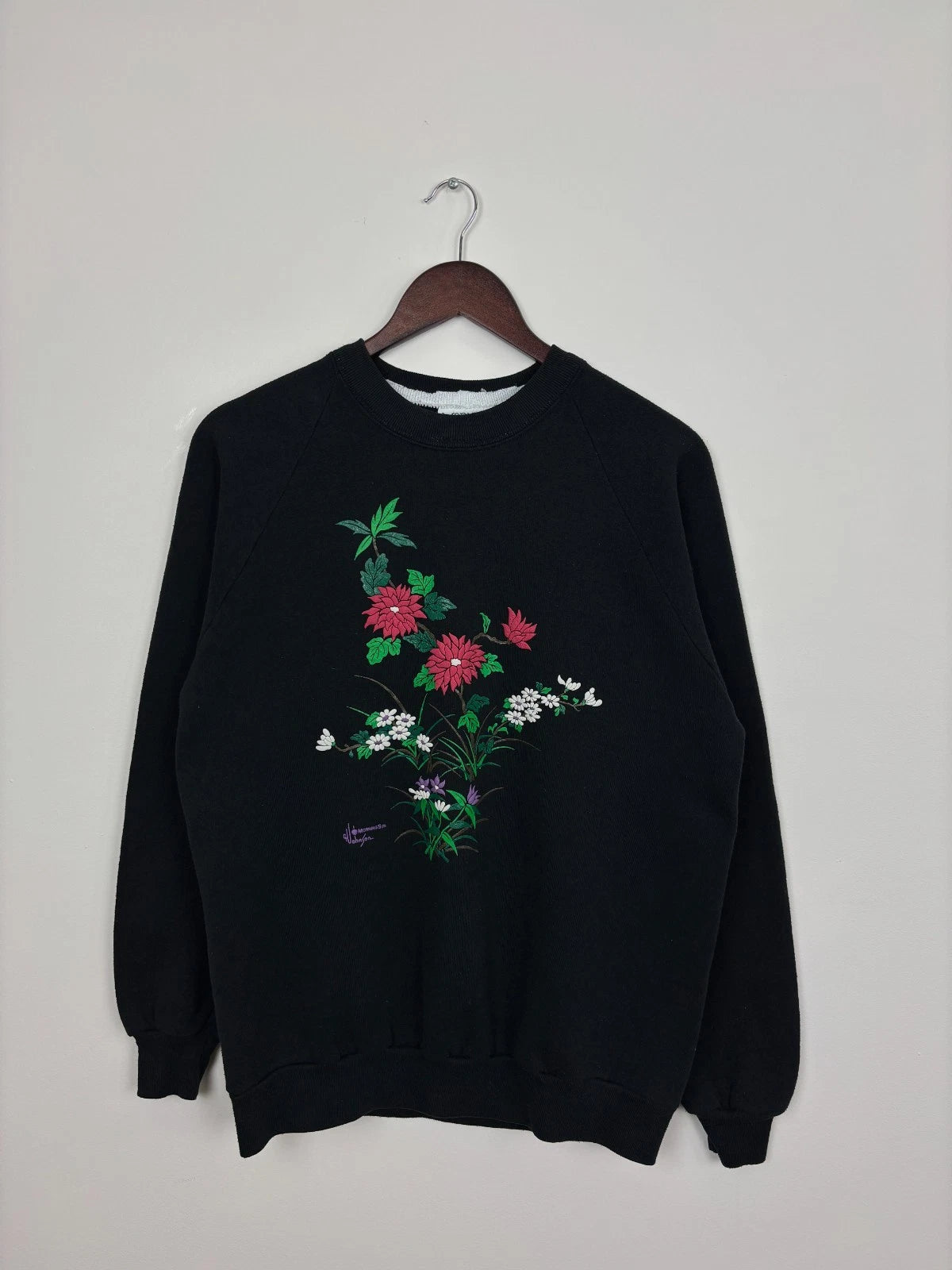 Vintage 1990s Black Flower Sweatshirt - Pretty Flowers Graphic - Size Large