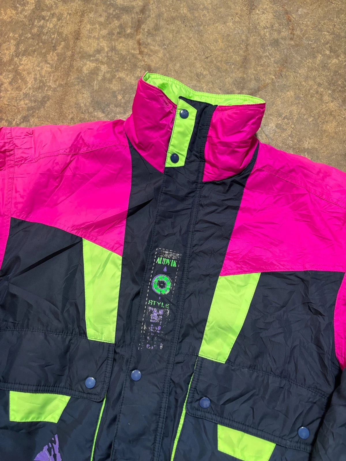 Vintage Parallele Winter Ski Jacket / Size Small / Navy Blue & Neon / Coat