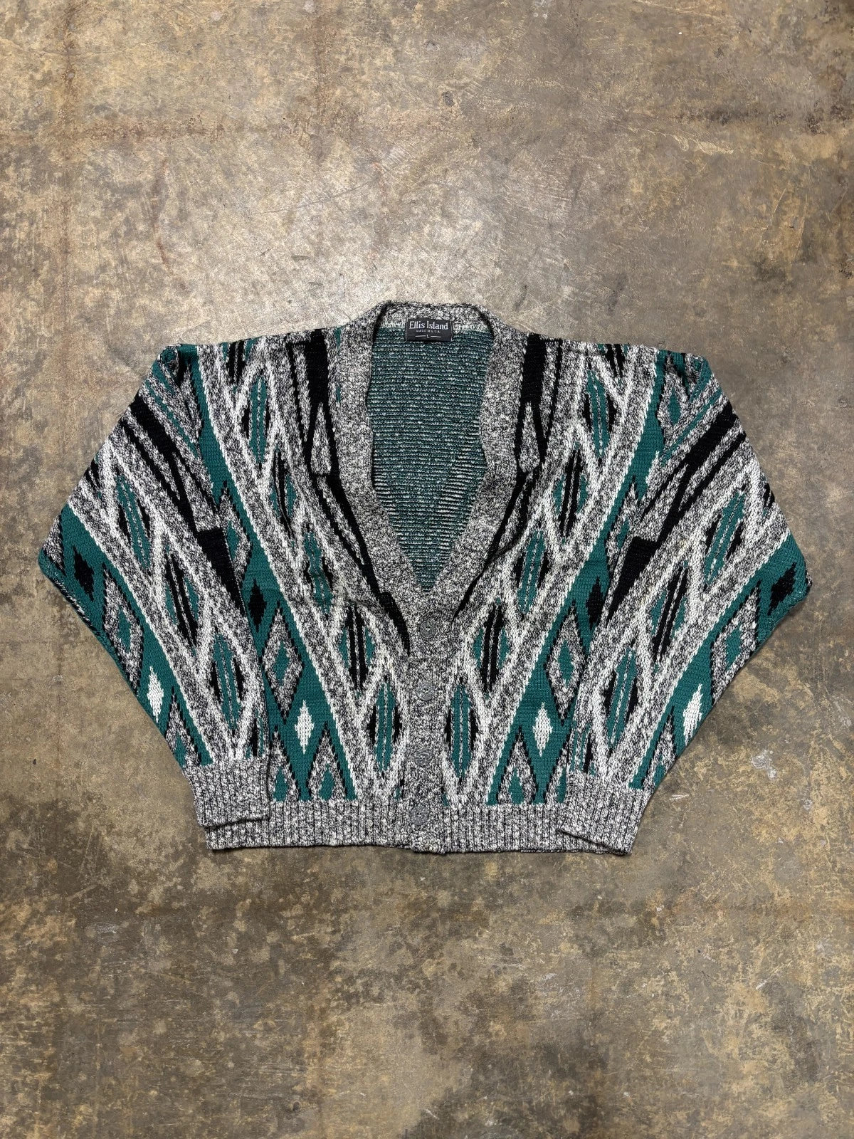 Vintage 1990s Knit Cardigan Sweater / Size Large / Gray & Turquoise / Button Up