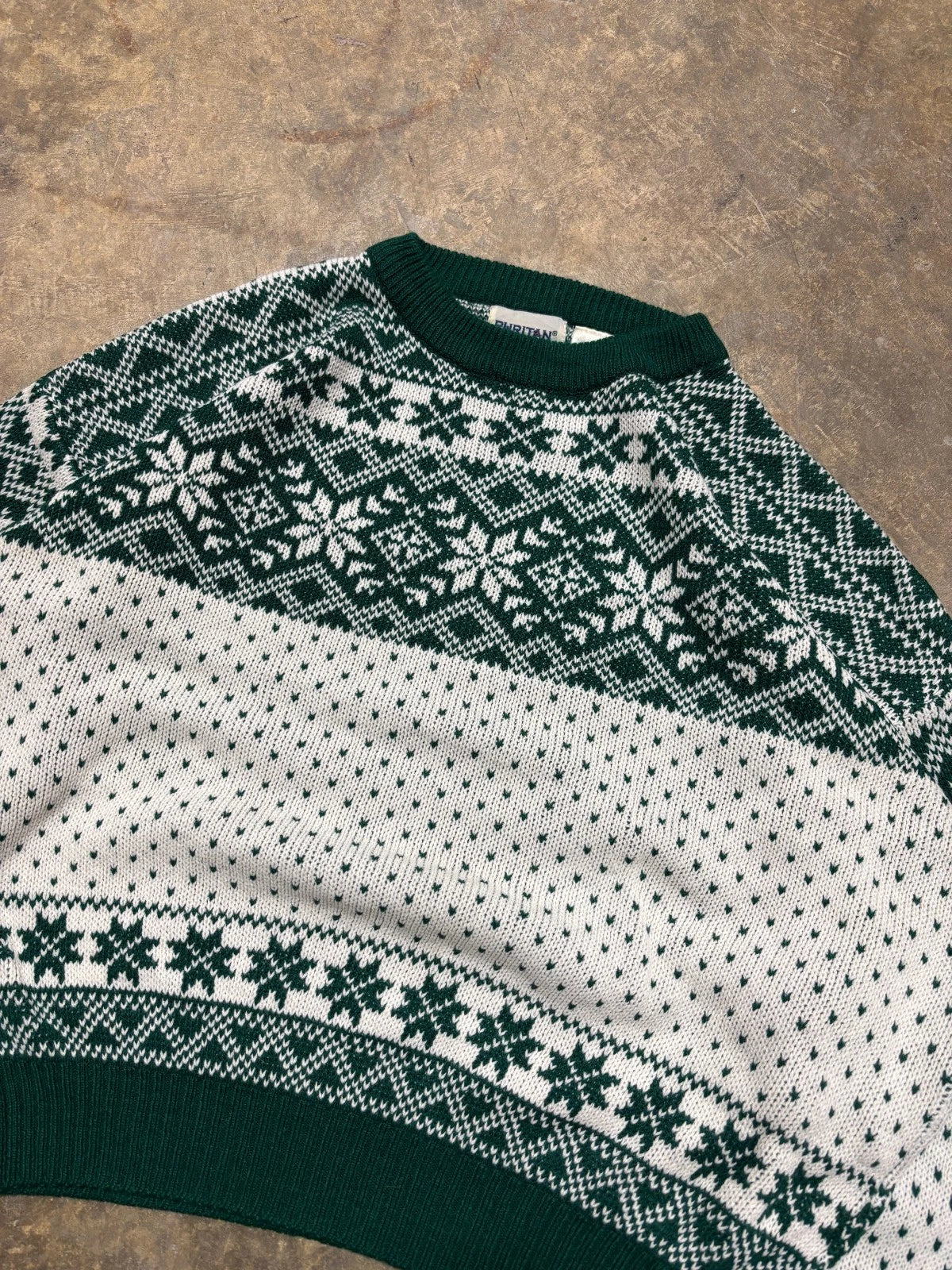 Vintage Puritan Pullover Knit Sweater / Size Medium / Green & White / Cozy Warm