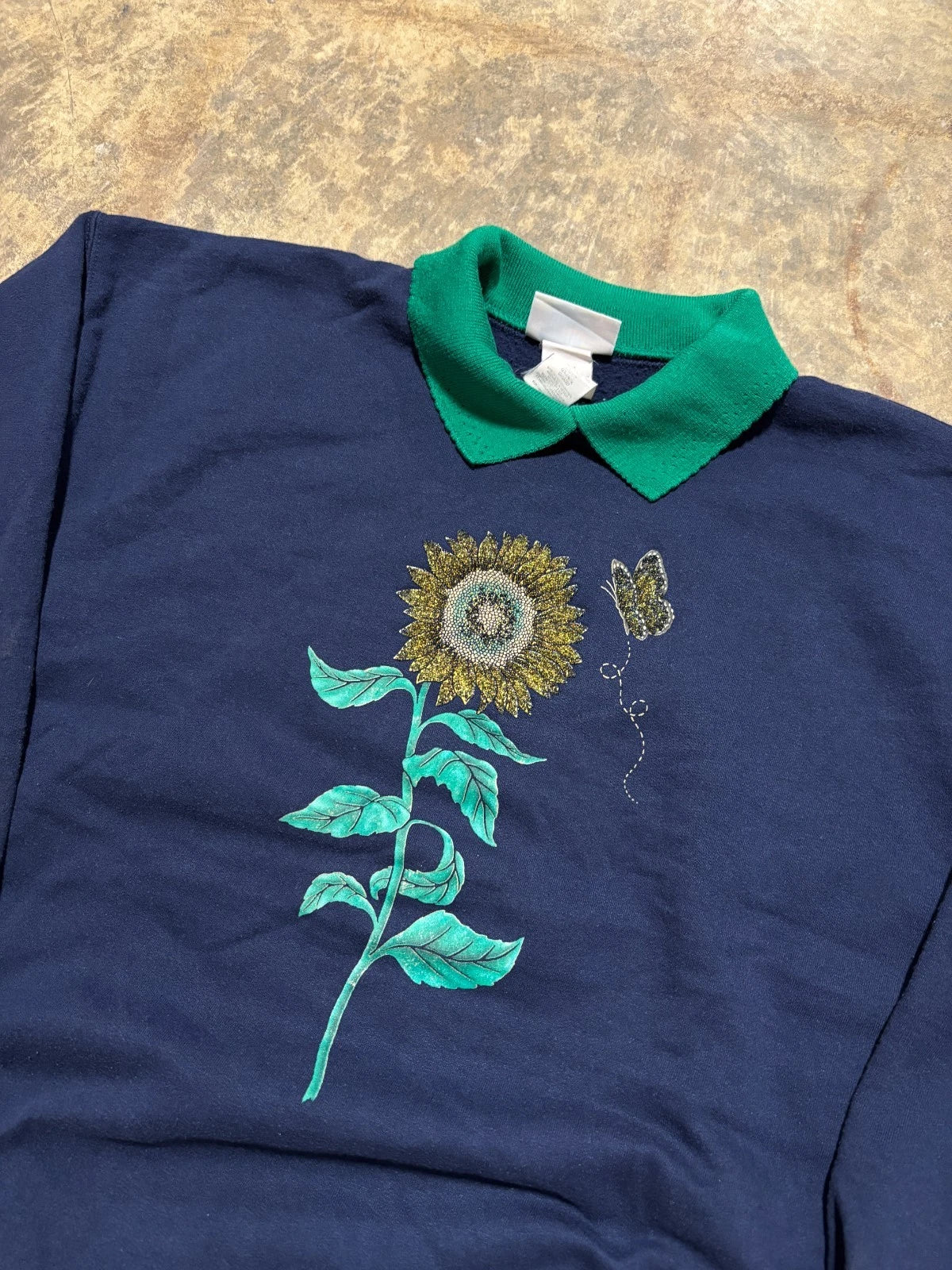 Vintage Sunflower Sweatshirt - Grandma Sweater - Size Large - Navy Blue